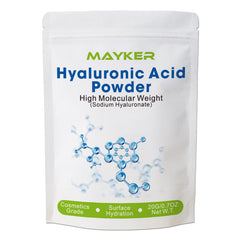 MAYKER Acide Hyaluronique en poudre dans sa boîte prête à être utilisée.
