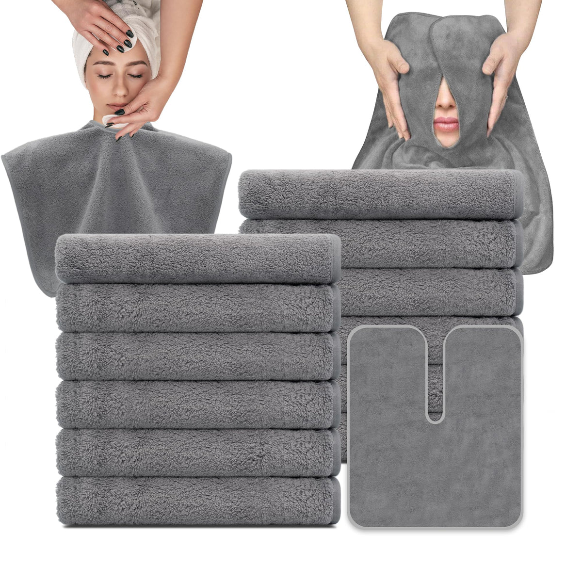 MAYOKEN serviettes visage U-forme gris montrant le confort et la couverture.