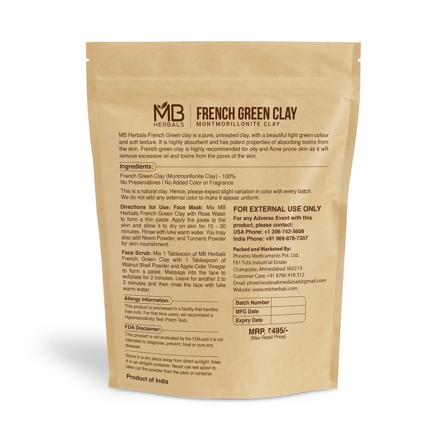 MB Herbals argile verte française emballage moderne pour une utilisation domestique du masque.