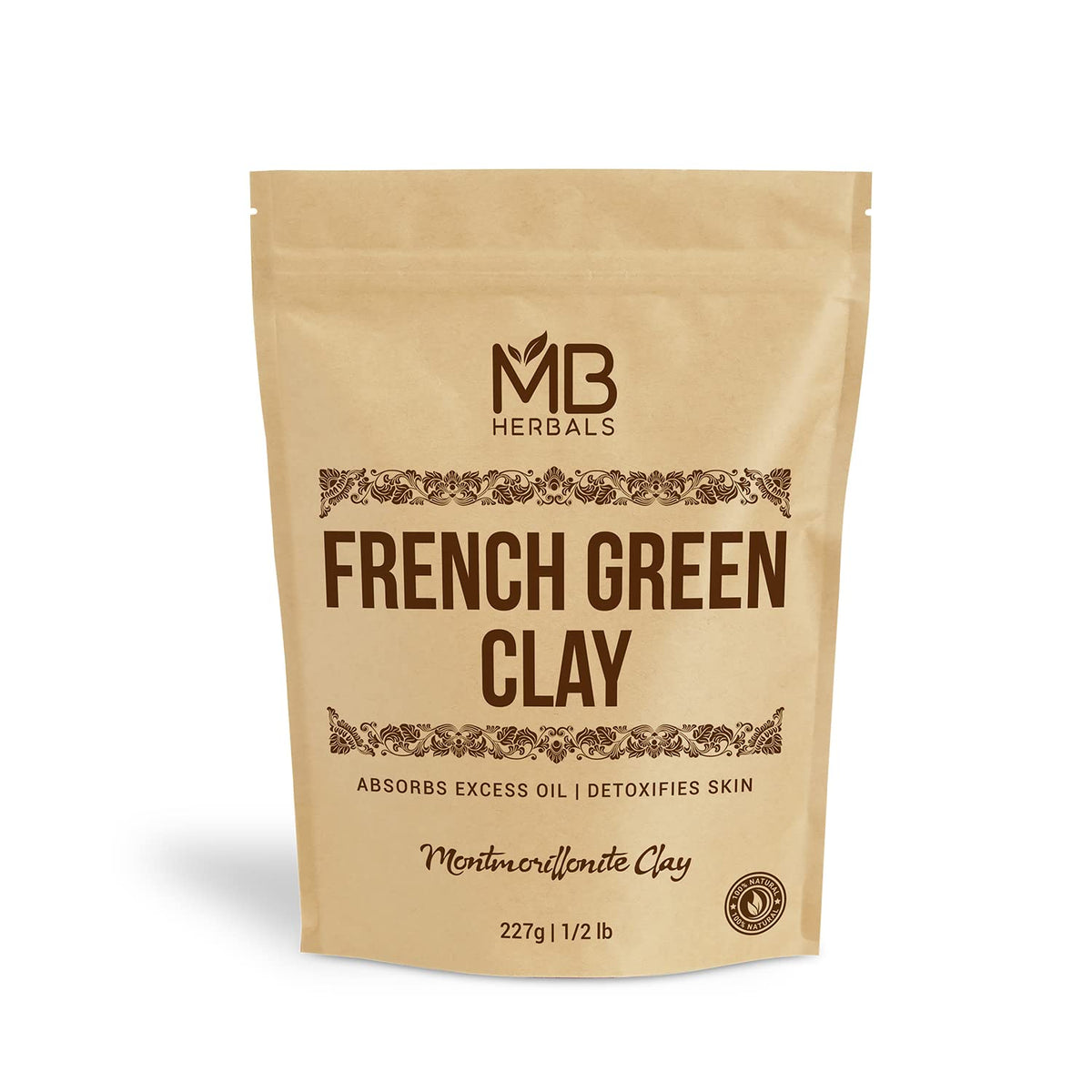 MB Herbals argile verte française poudre, purification douce des pores et absorption des excès de sébum.