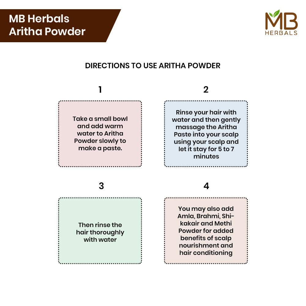 Étiquette et emballage MB Herbals Aritha Powder, prêt à l’emploi et recyclable.
