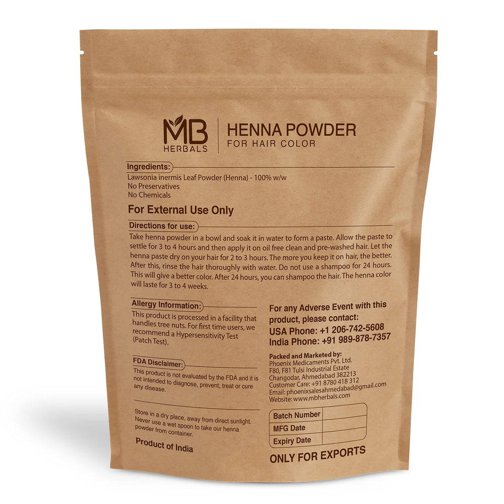 MB Herbals Henne – emballage sans additifs, poudre pure pour coloration naturelle.