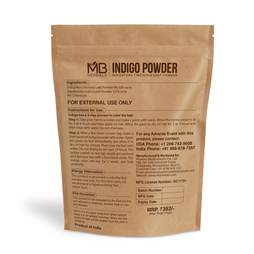 MB Herbals Indigo Powder poudre finement moulue pour coloration naturelle des cheveux.