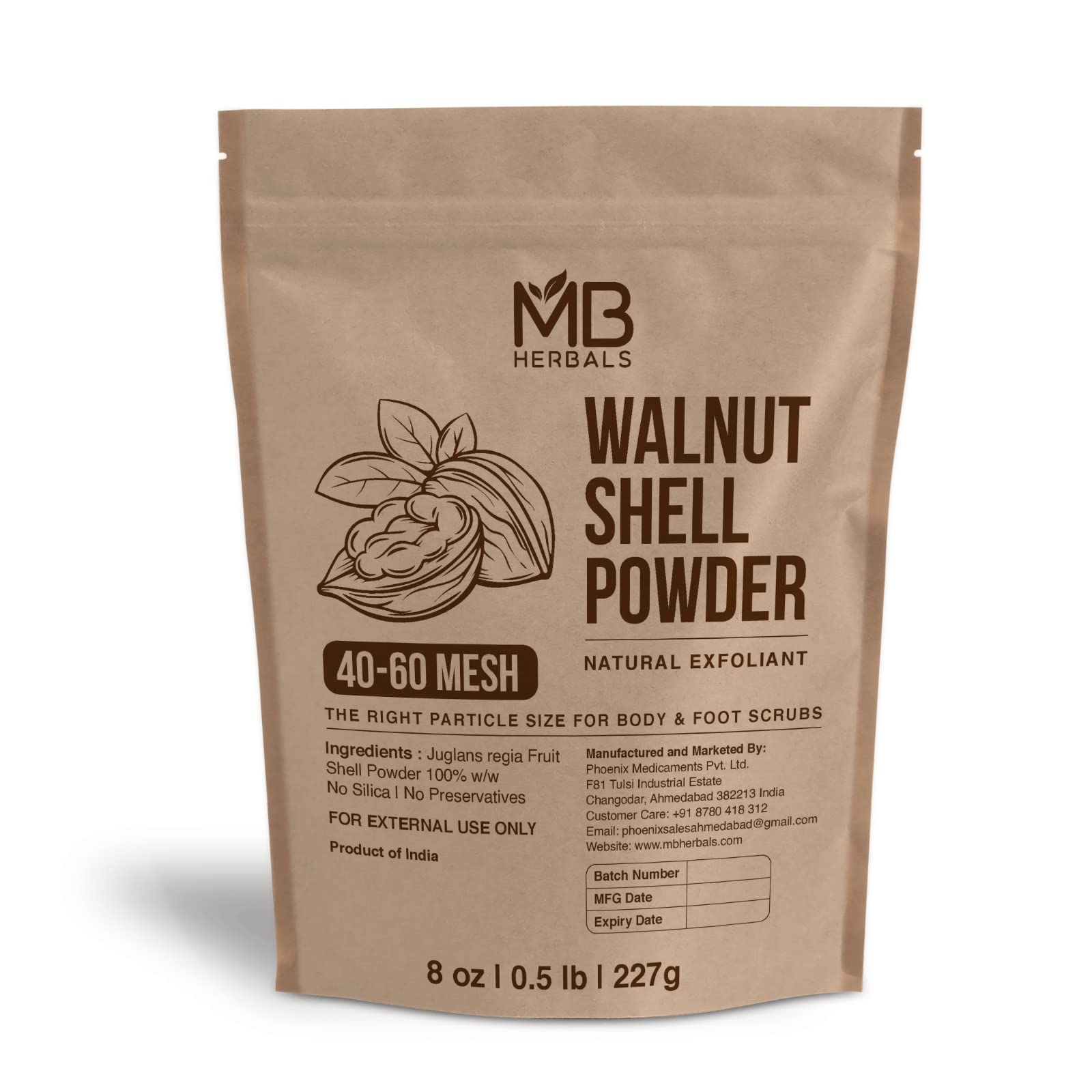 MB Herbals poudre coquilles noix texture gros grain prête à l'emploi pour gommages