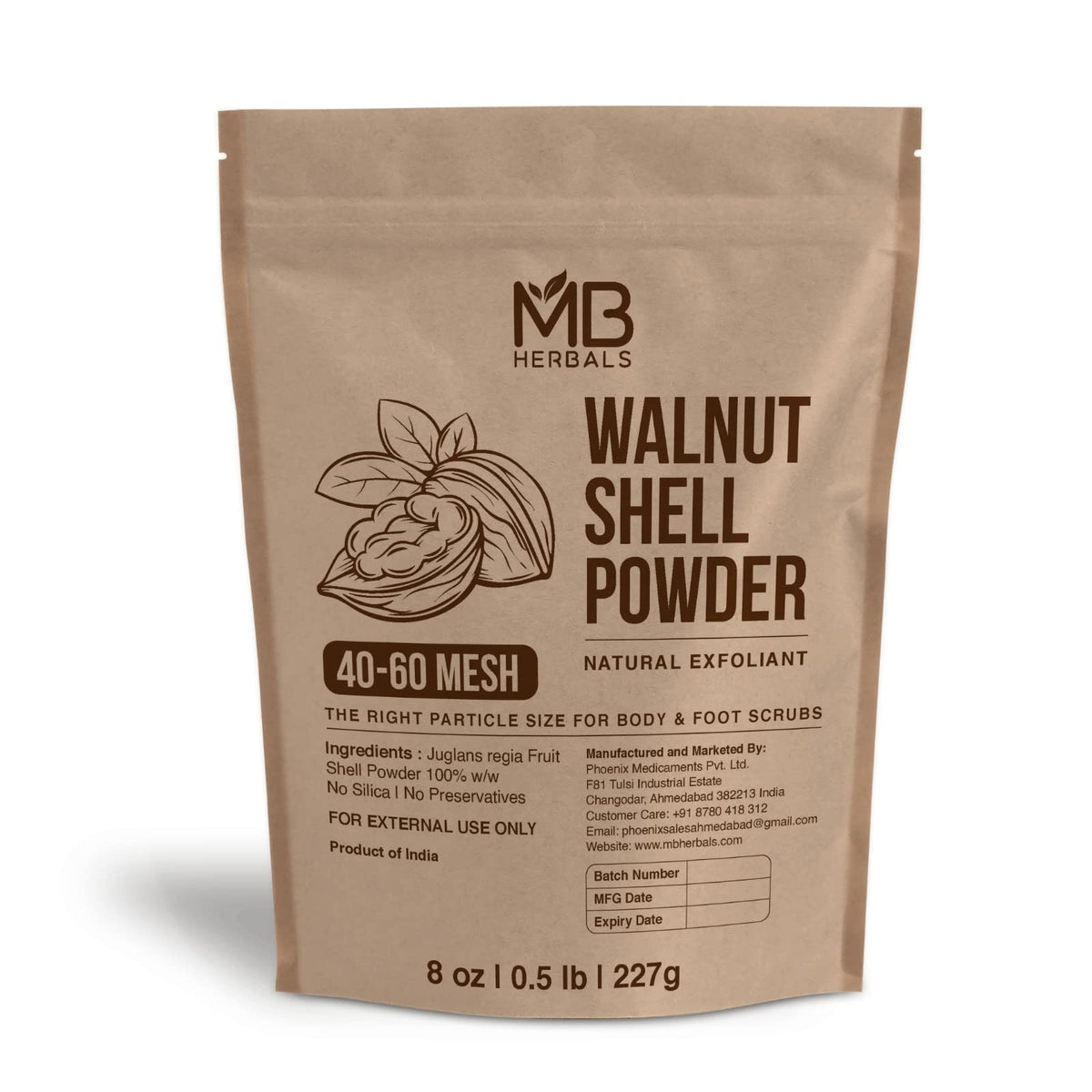 MB Herbals poudre coquilles noix texture gros grain prête à l'emploi pour gommages