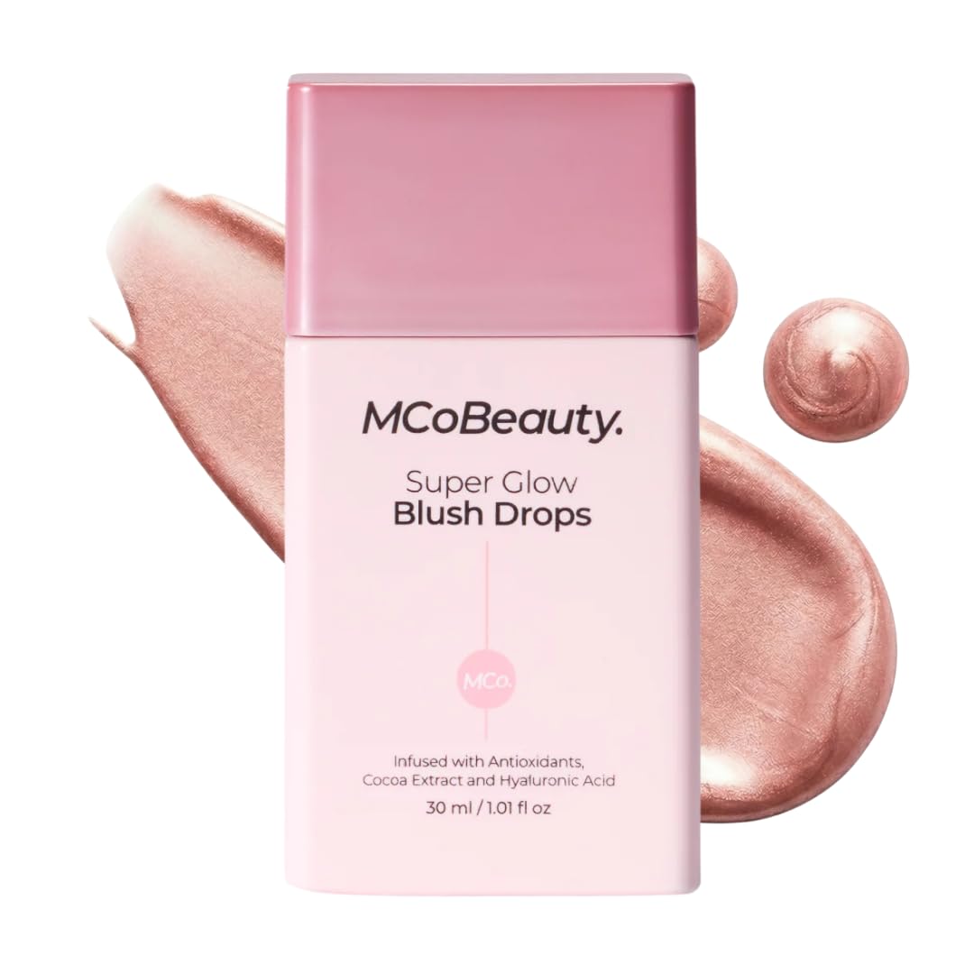 MCoBeauty Super Glow Blush Drops en flacon pour un éclat naturel.