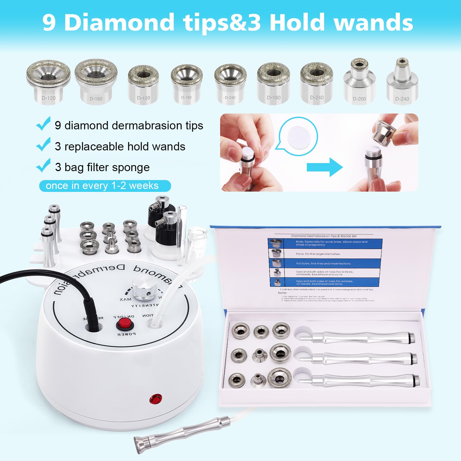 Embouts diamant 9 têtes MCWDOIT pour plusieurs zones du visage.