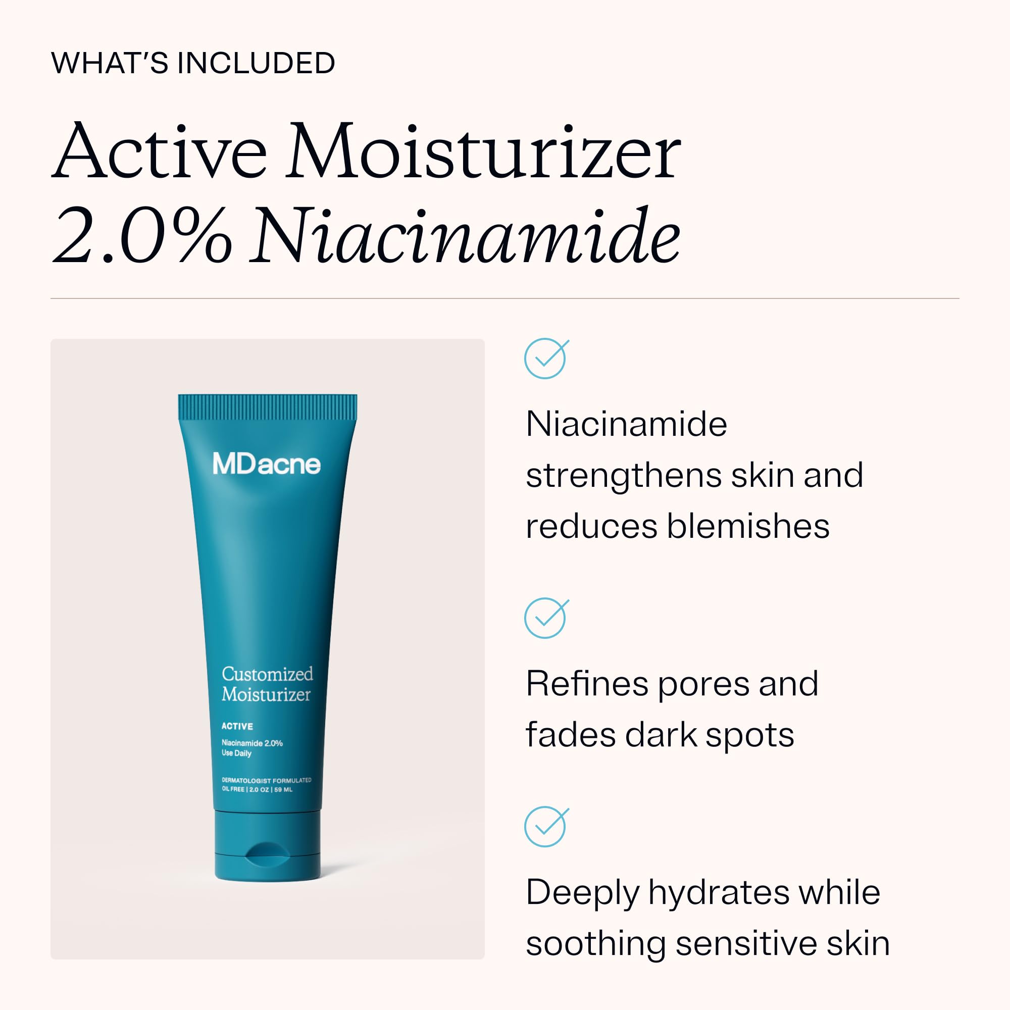 Hydratant Niacinamide MDacne – emballage et hydratation légère.