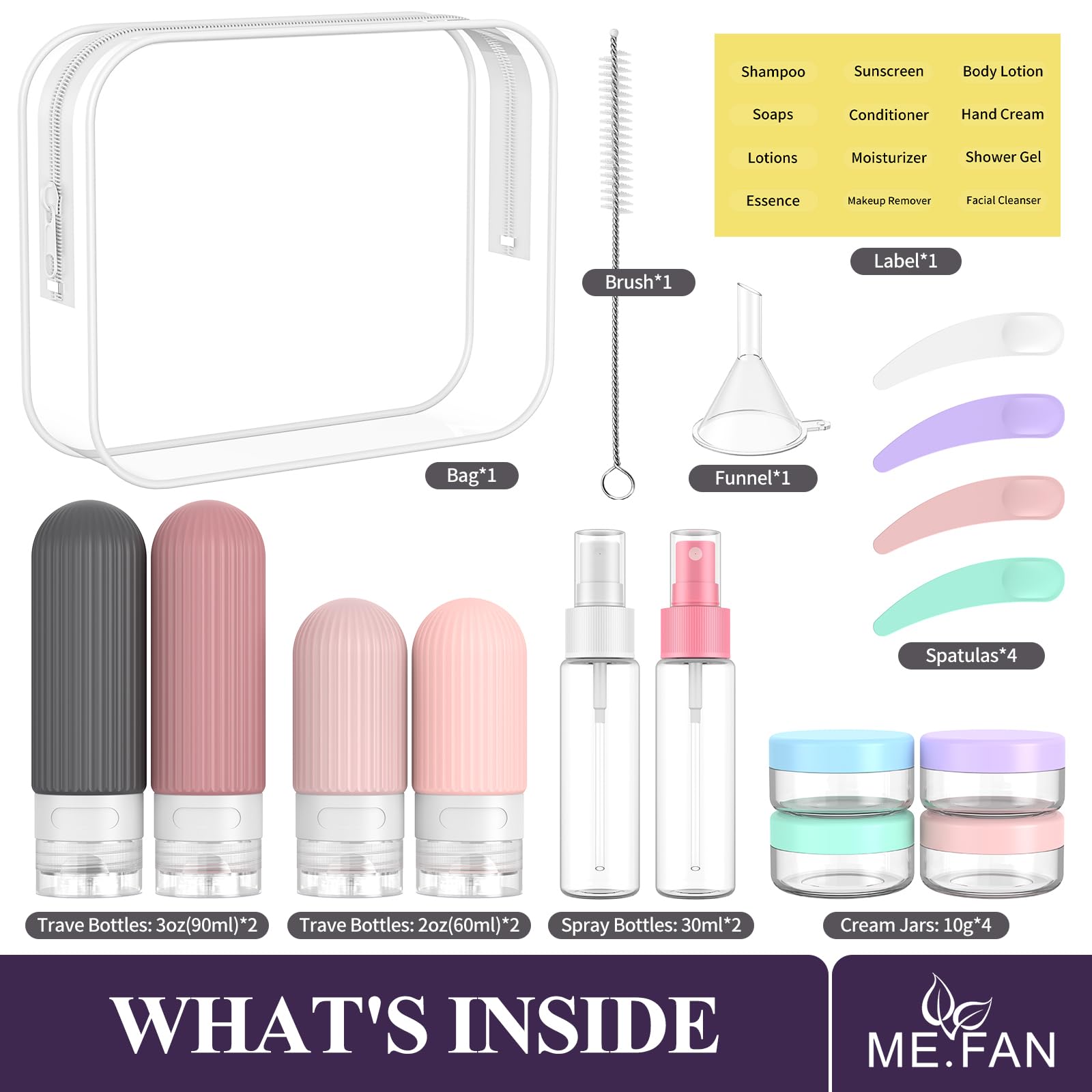 Flacons ME.FAN rose 2oz pour voyage, compressibles et réutilisables.