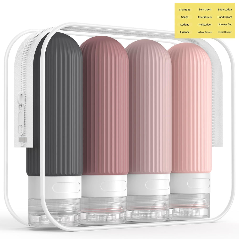ME.FAN flacons voyage en silicone rose, faciles à remplir et sans fuite.
