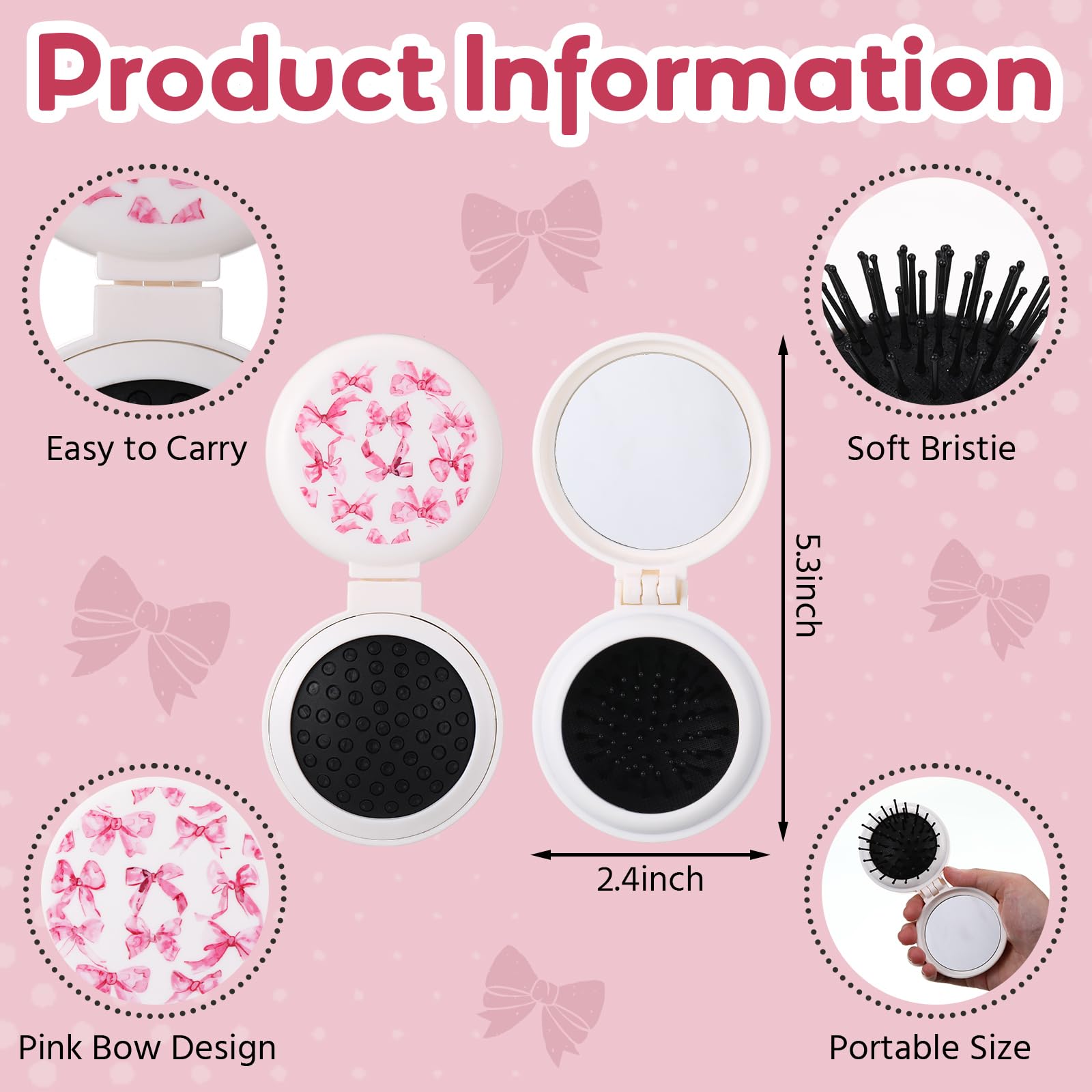 Meanplan brosse mini noeud rose pliante, miroir intégré pour retouches discrètes.