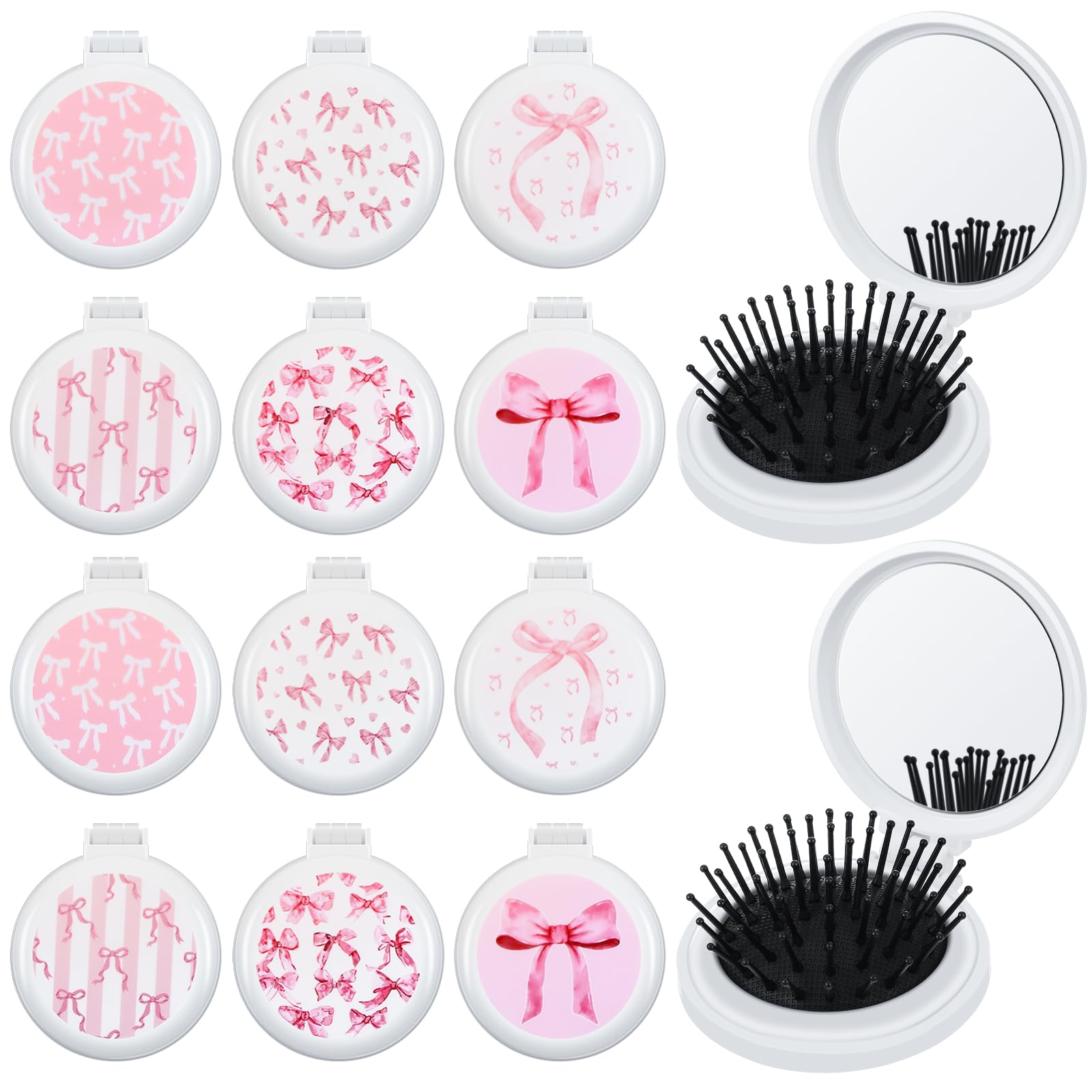 Meanplan brosse à cheveux mini noeud rose pliante avec miroir, idéale pour voyage rapide.