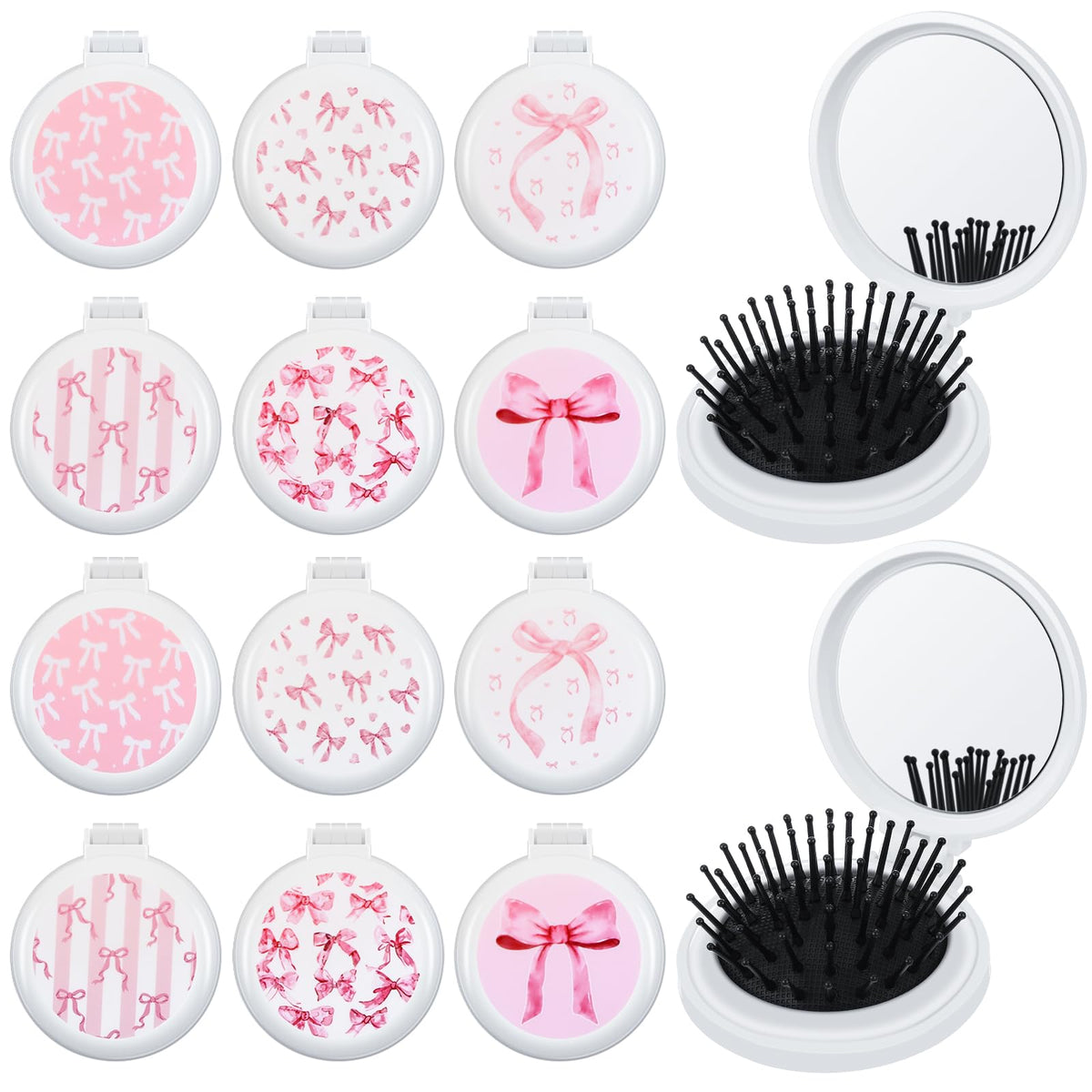 Meanplan brosse à cheveux mini noeud rose pliante avec miroir, idéale pour voyage rapide.