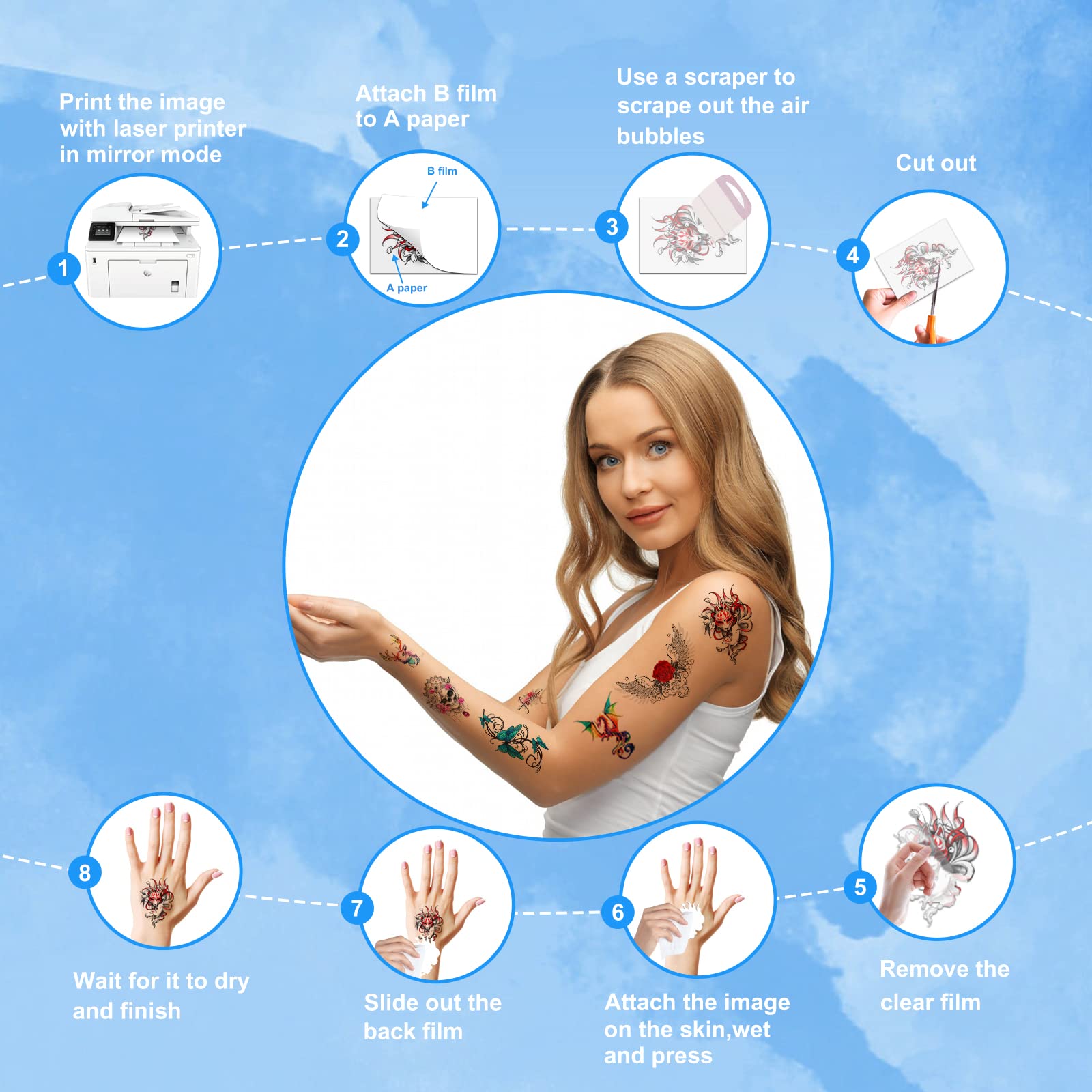 MECOLOUR papier tatouage temporaire – parfait pour cosplay et costumes détaillés.