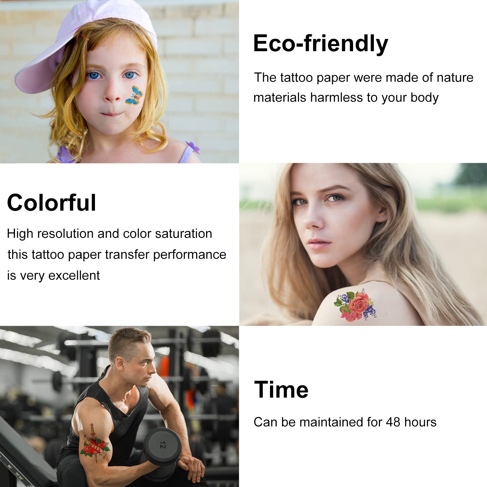 MECOLOUR papier tatouage temporaire – sécurité peau adaptée, éviter yeux et zones blessées.