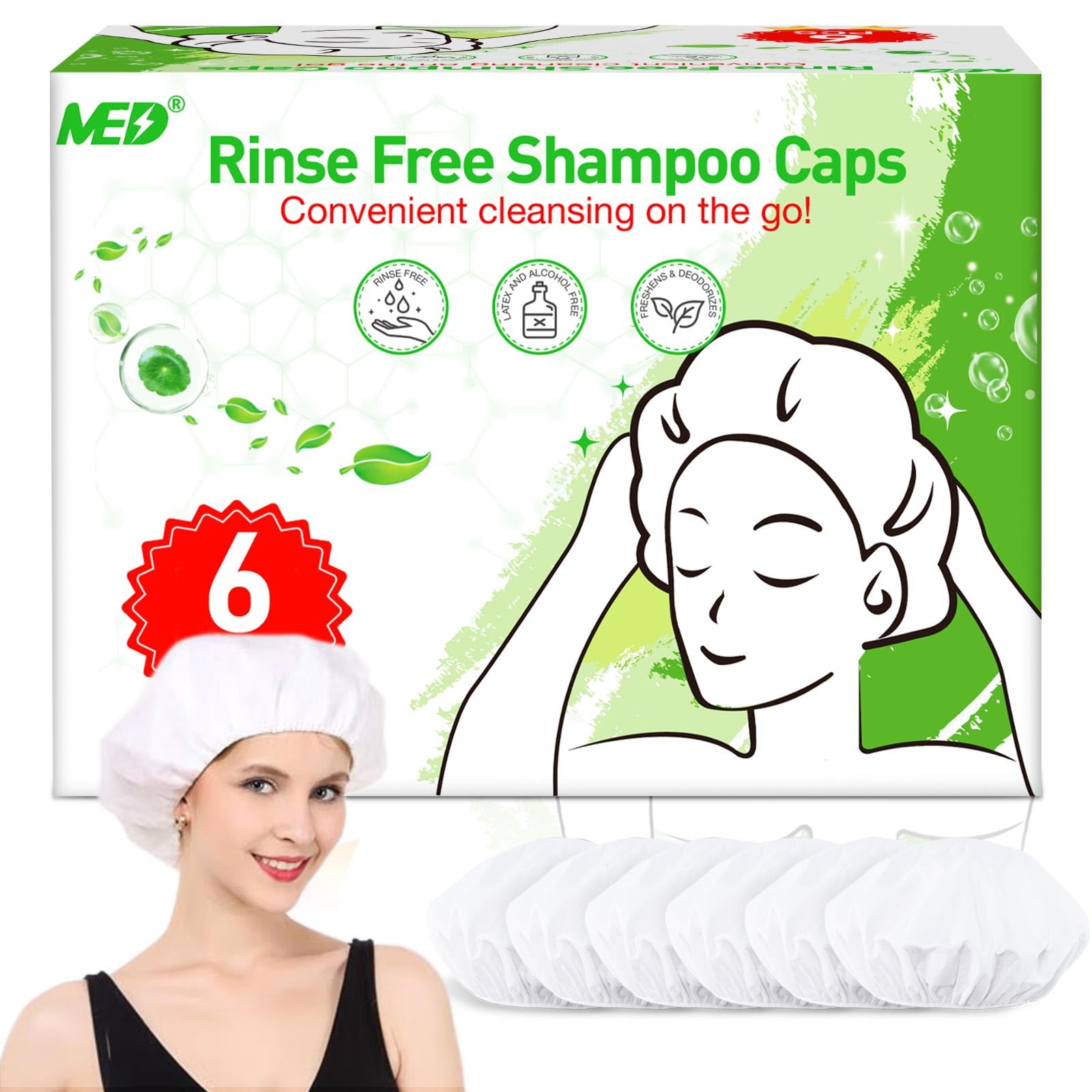 MED bonnet shampoing sans rinage – ensemble pratique de six capuchons.