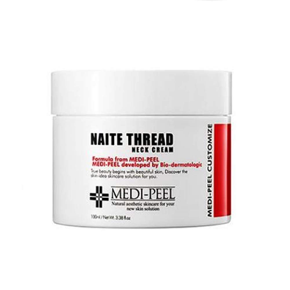 MEDI-PEEL Naite Thread Neck Cream sur flacon élégant, amélioration potentielle de l’élasticité du cou.