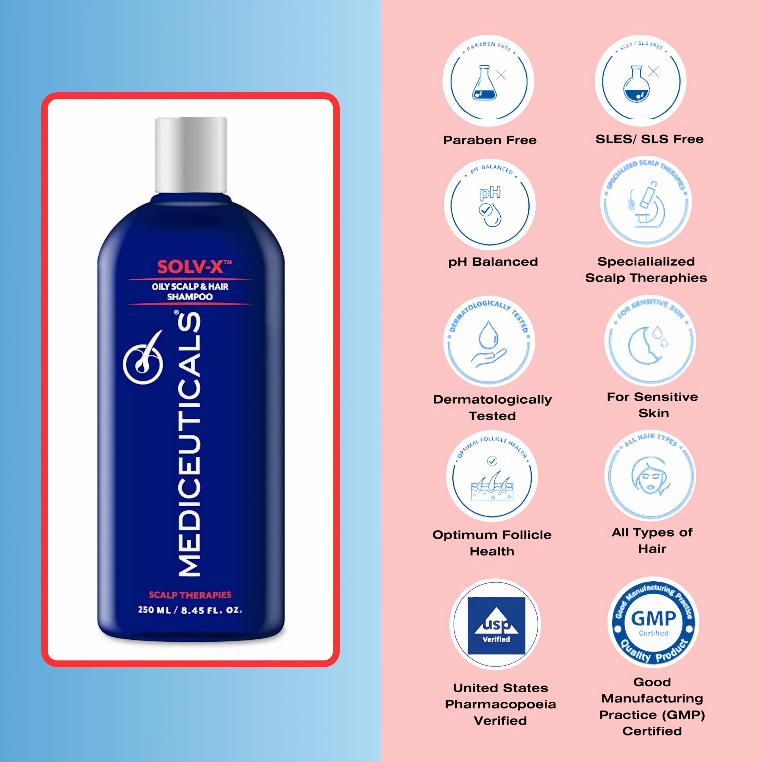 Mediceuticals Solv-X Shampoo bottle back label close-up detailing usage and safety notes.