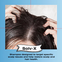 Mediceuticals Solv-X Shampoo pump usage highlighting quick lather for daily cleansing.