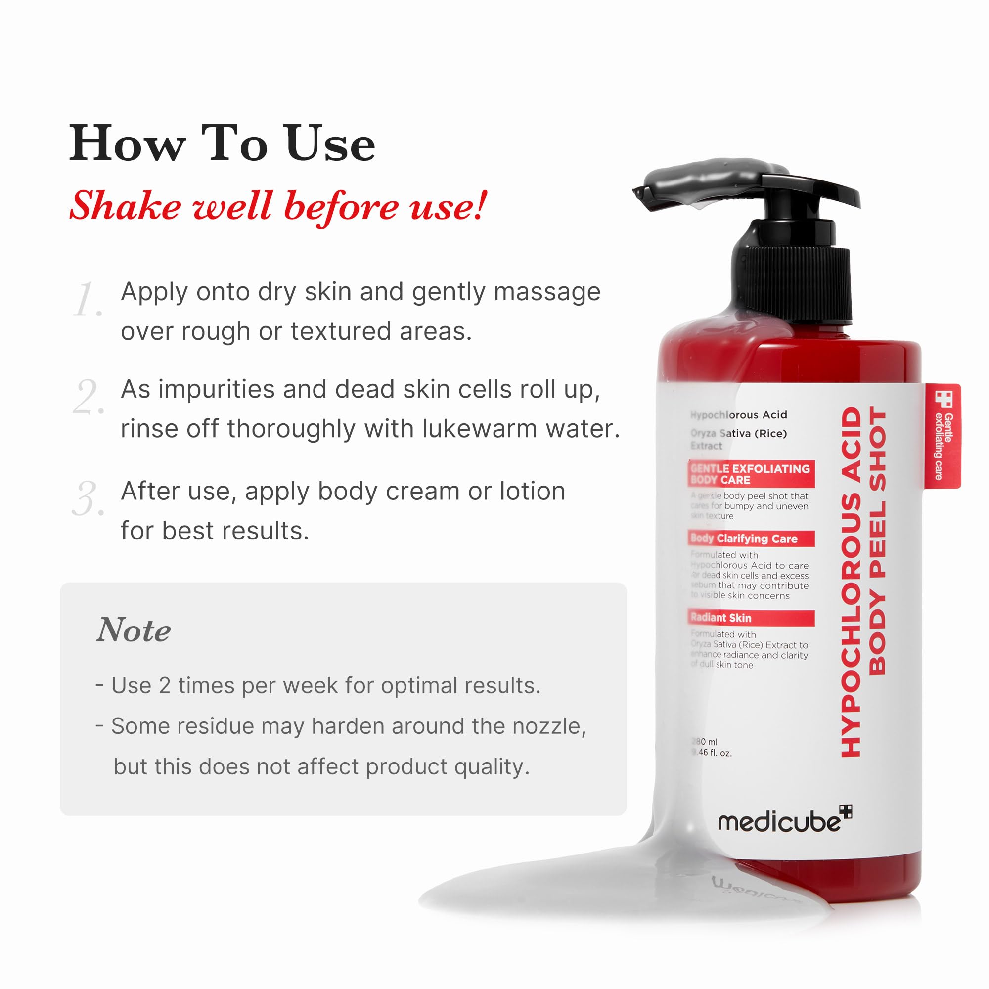 Medicube Body Peel Shot – panthénol et hyaluronate hydratants pour la barrière cutanée.