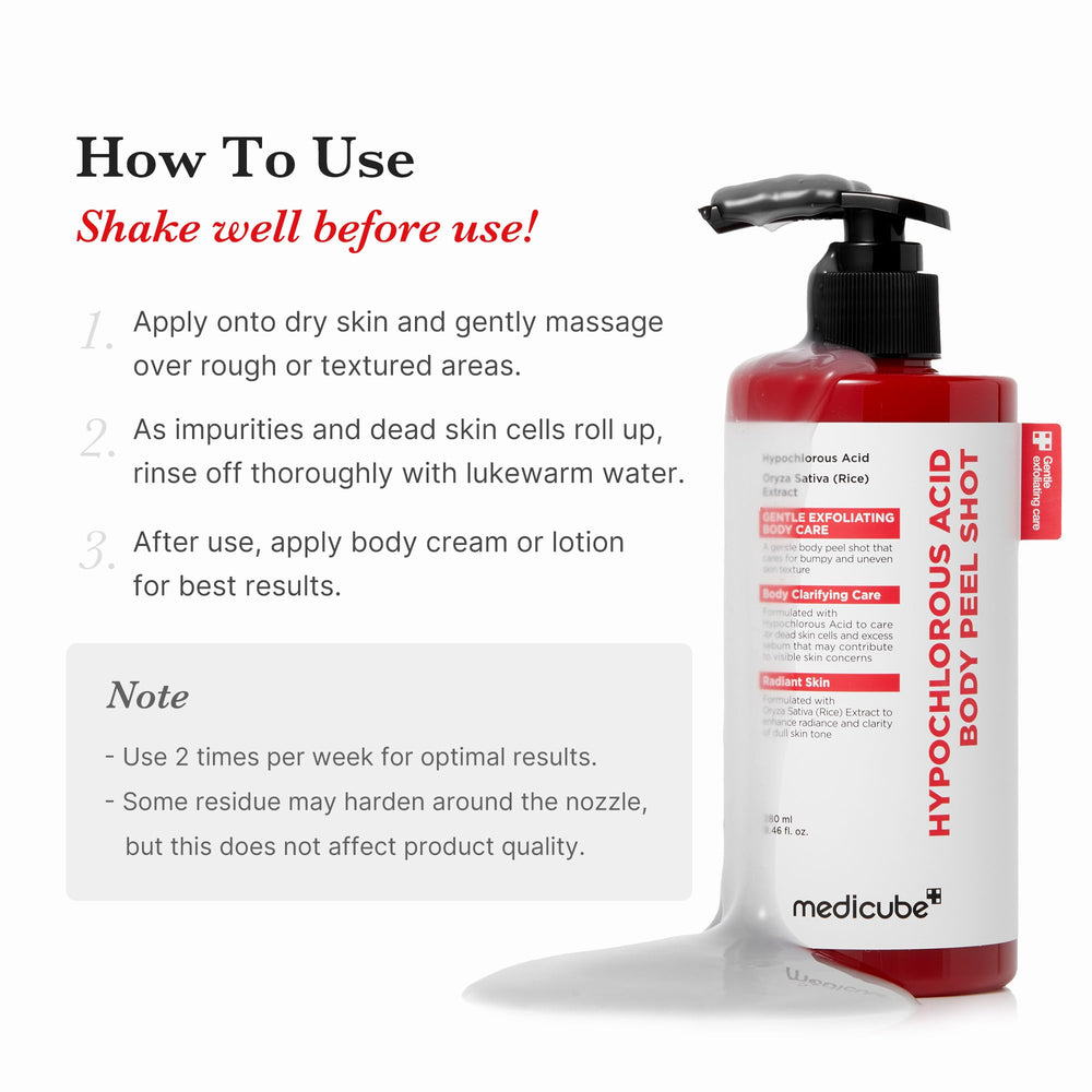 Medicube Body Peel Shot – panthénol et hyaluronate hydratants pour la barrière cutanée.