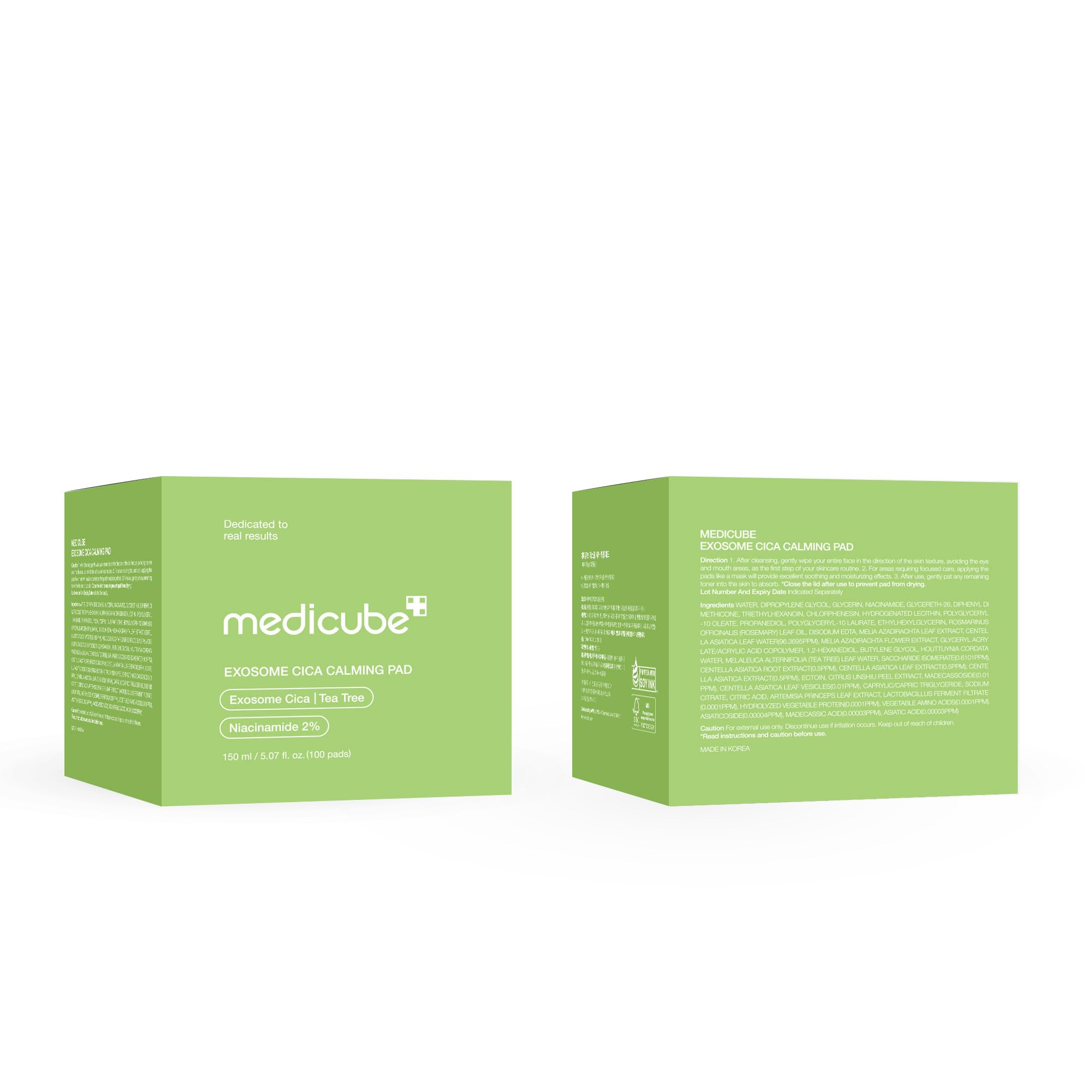 Medicube eau d’arbre-a-the et Exosome CICA apaise zones sensibles.