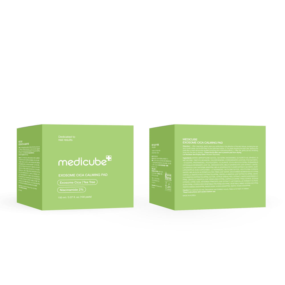 Medicube eau d’arbre-a-the et Exosome CICA apaise zones sensibles.