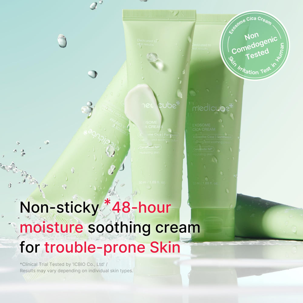 Étiquette Medicube Exosome Cica Tea Tree Crème sur emballage élégant.