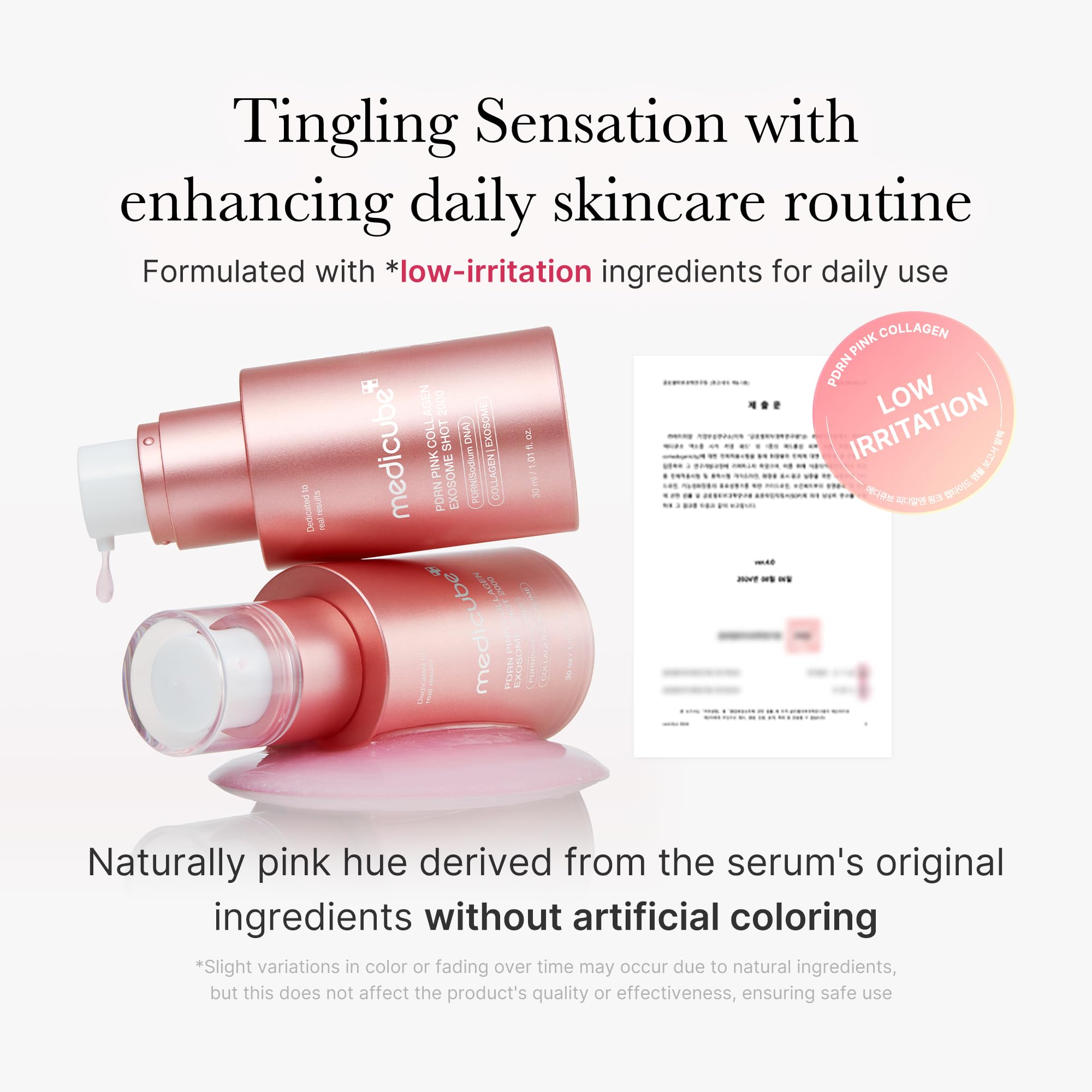 Texture légère du sérum Medicube Exosome Shot PDRN Collagene Rose sur peau