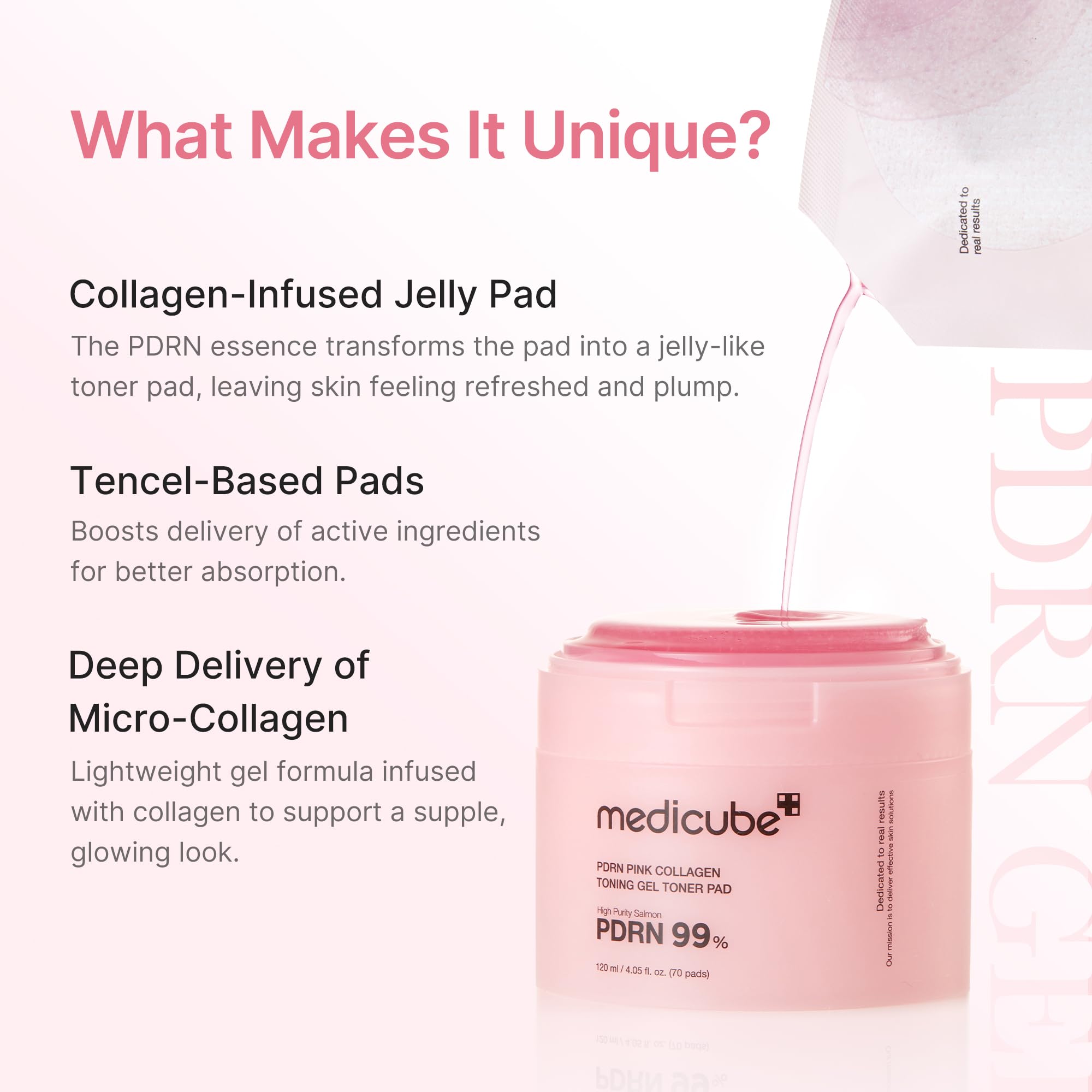 Medicube Pad Gel Tonique Collagene Rose démonstration texture rebondissante et hydratante