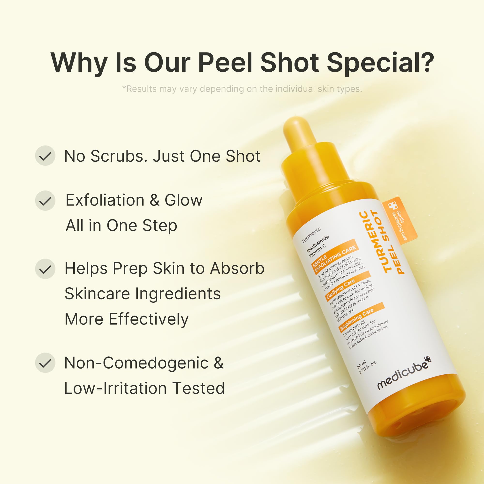 Medicube Peel Shot ingredient panel with BHA, LHA, PHA and hydrators