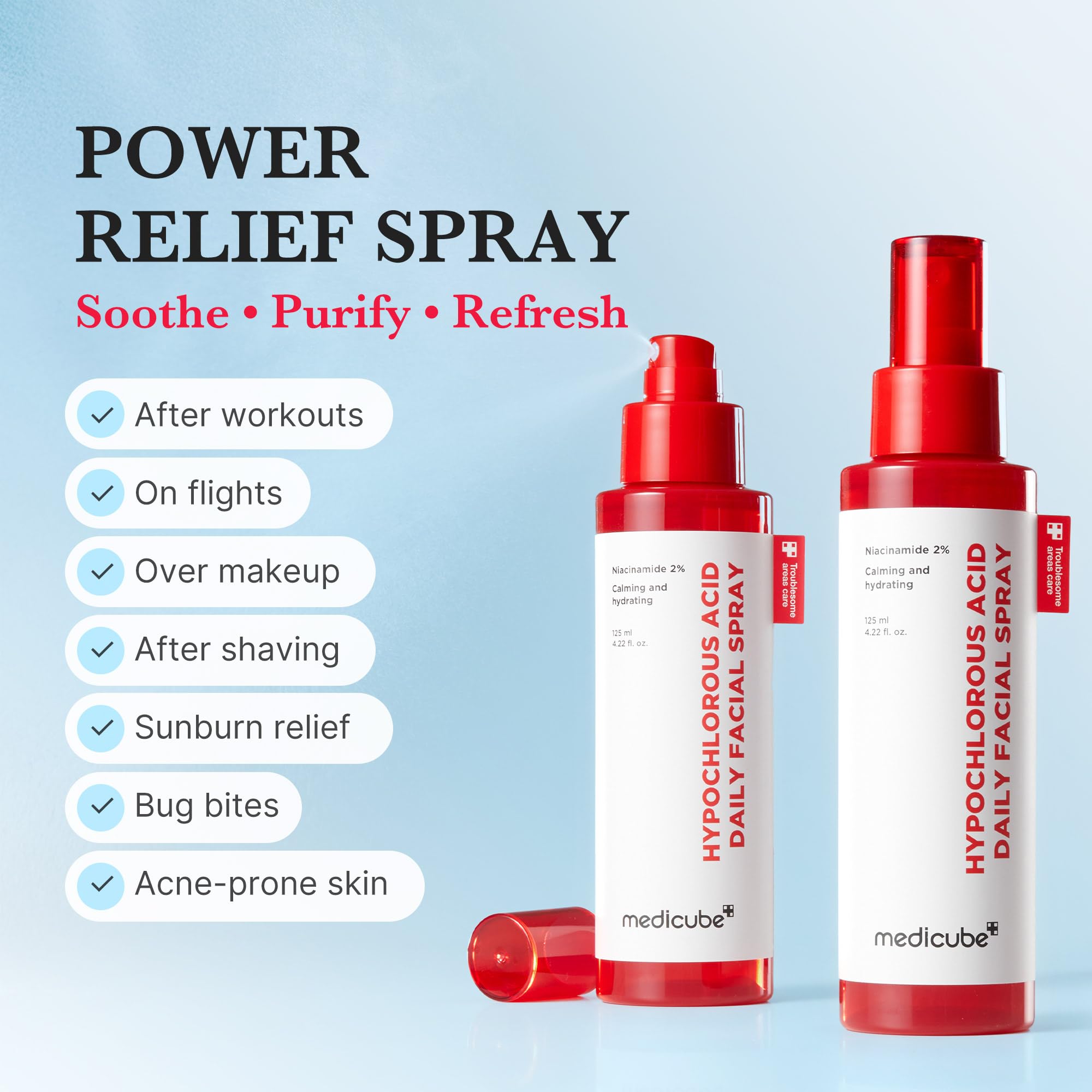Medicube Power Soothing Spray close-up showing compact bottle for travel.
