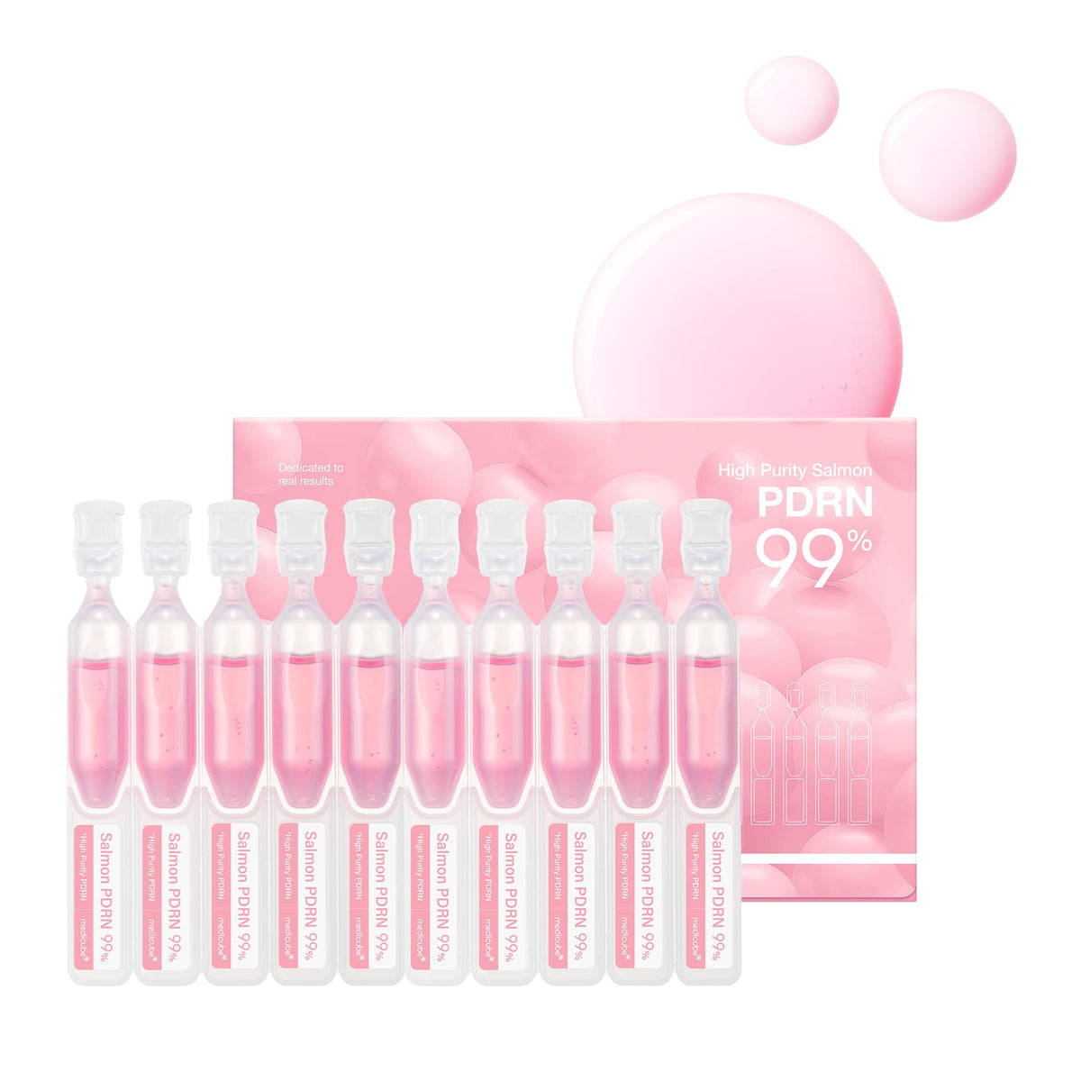 Sérum medicube Salmon DNA PDRN, bouteille rose, hydratation et éclat possibles.