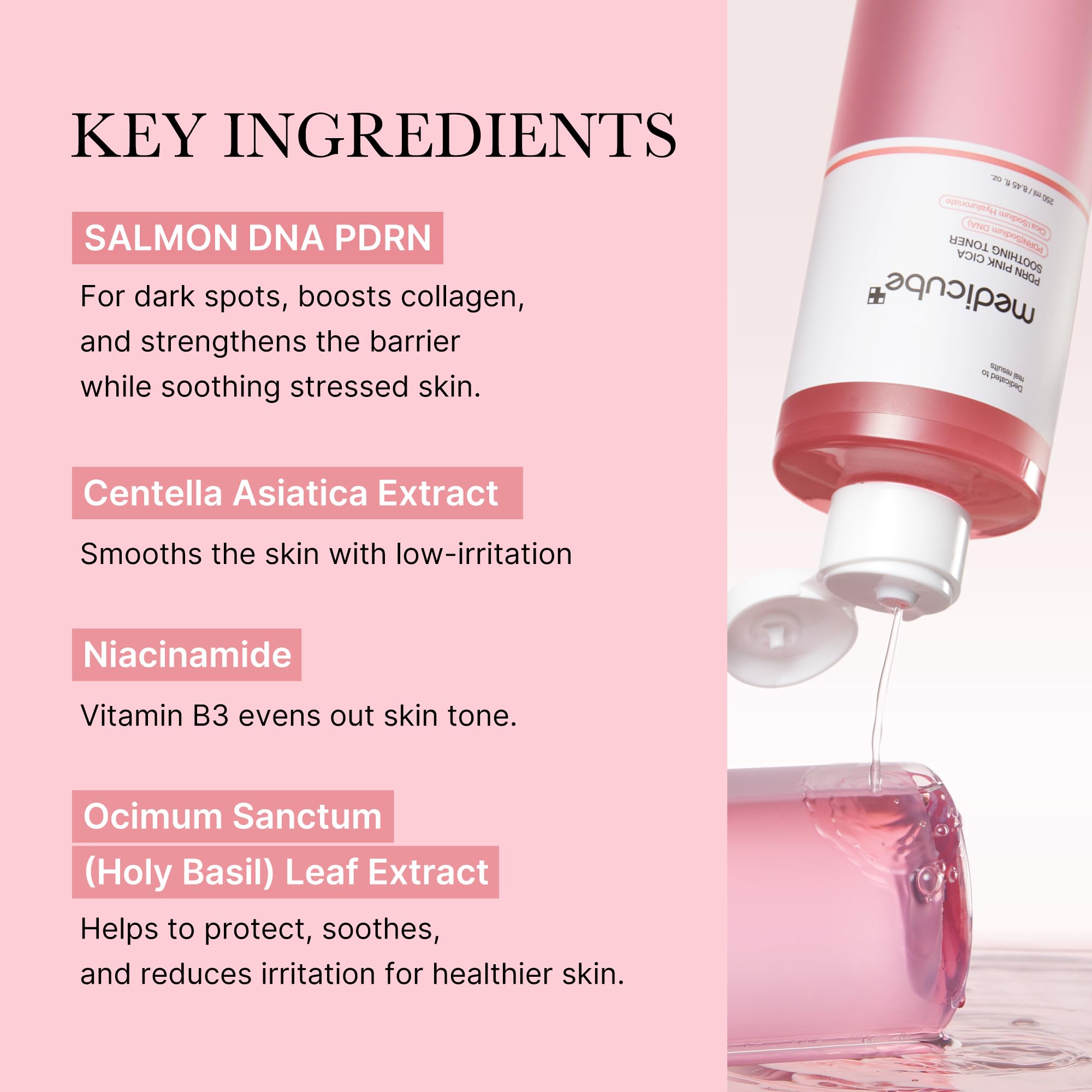 Medicube Tonique PDRN Salmon DNA, application sur peau, uniformise le teint.