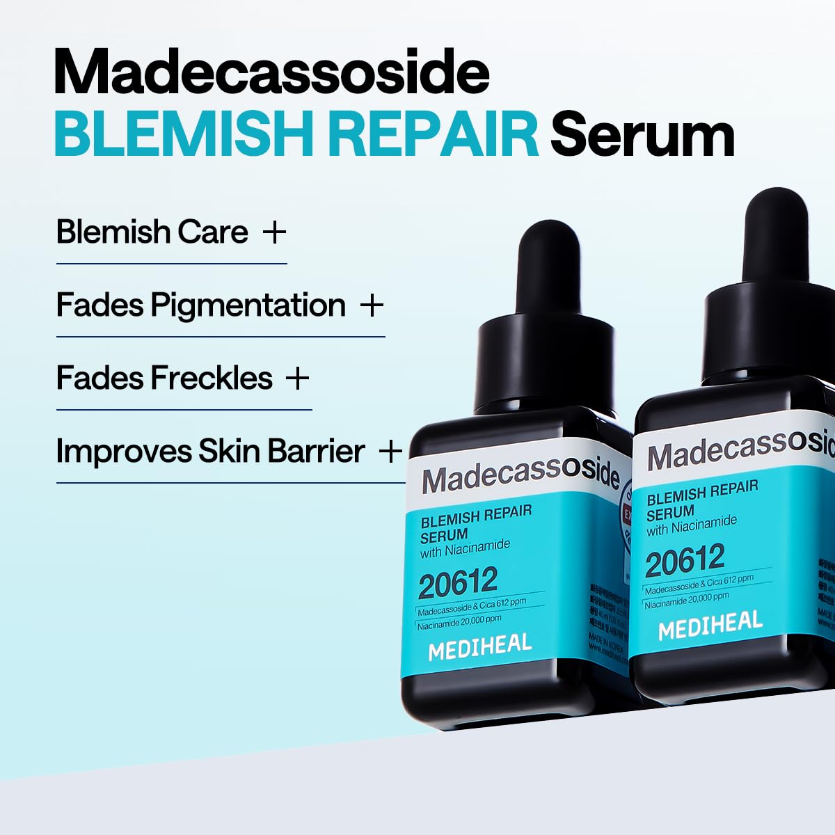 Étiquette Mediheal Madecassoside affichant Centella Asiatica et Niacinamide, soutien de la barrière cutanée.
