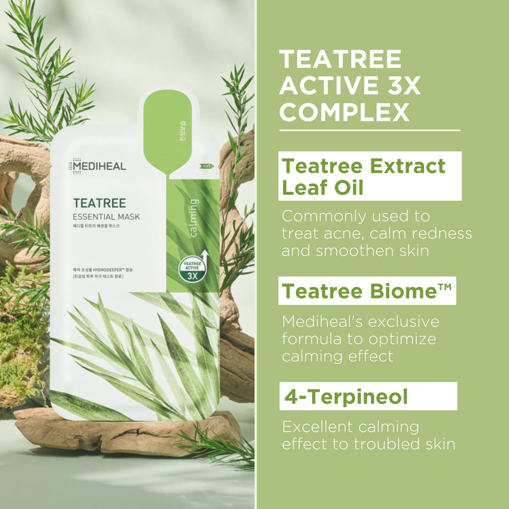 Mediheal masque arbre à thé, application sur le visage pour une hydratation confortable.