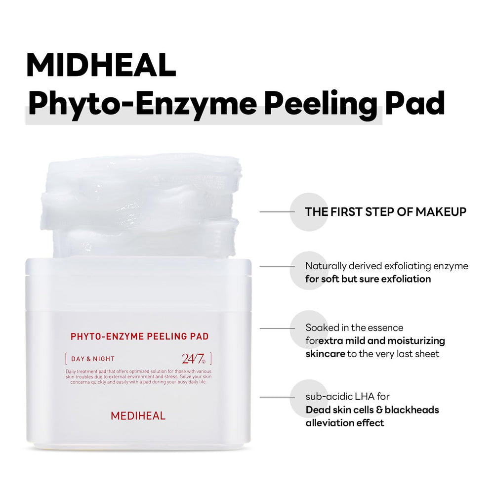 Mediheal Phyto-Enzyme Peeling Pad, application visage, apaise et purifie sans résidu gras.