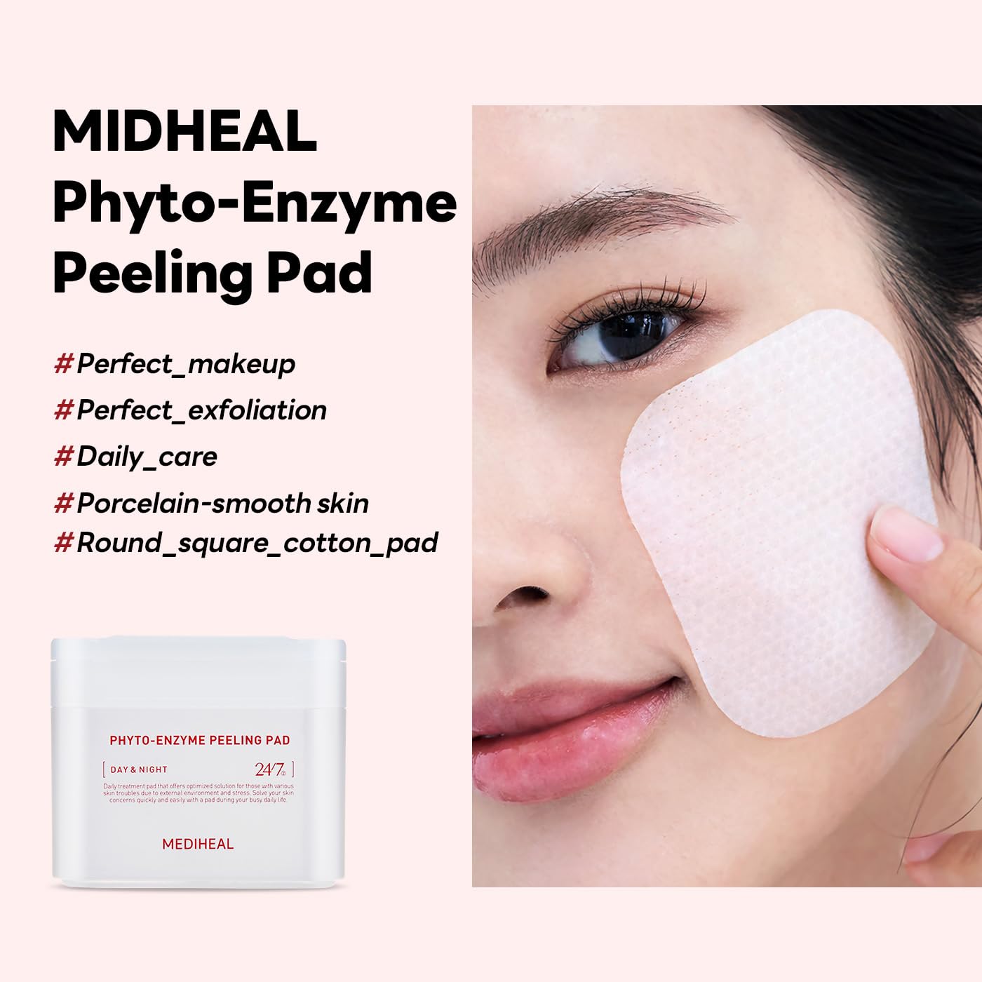 Mediheal Phyto-Enzyme Peeling Pad, logo vegan, produit sans cruauté et écologique.