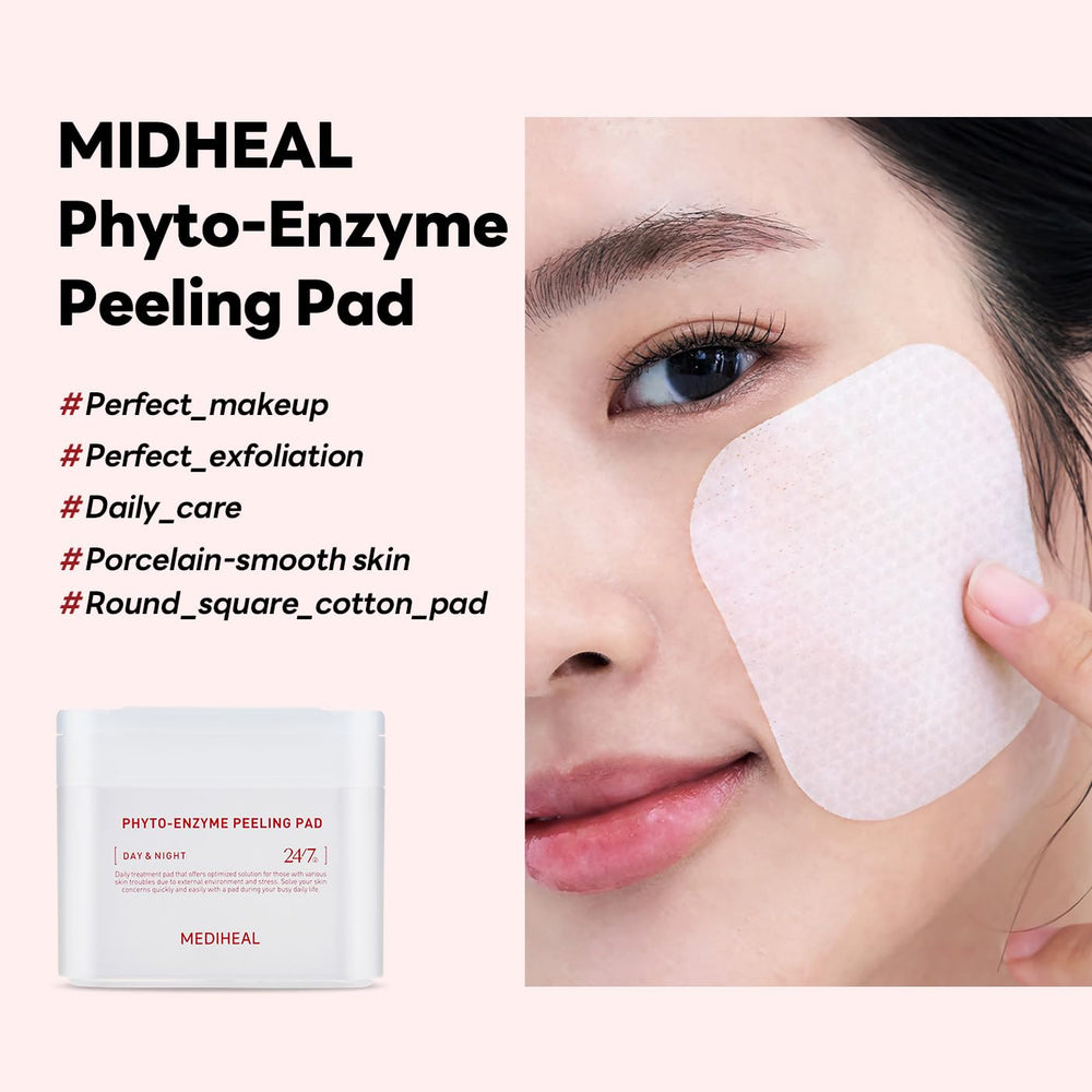 Mediheal Phyto-Enzyme Peeling Pad, logo vegan, produit sans cruauté et écologique.