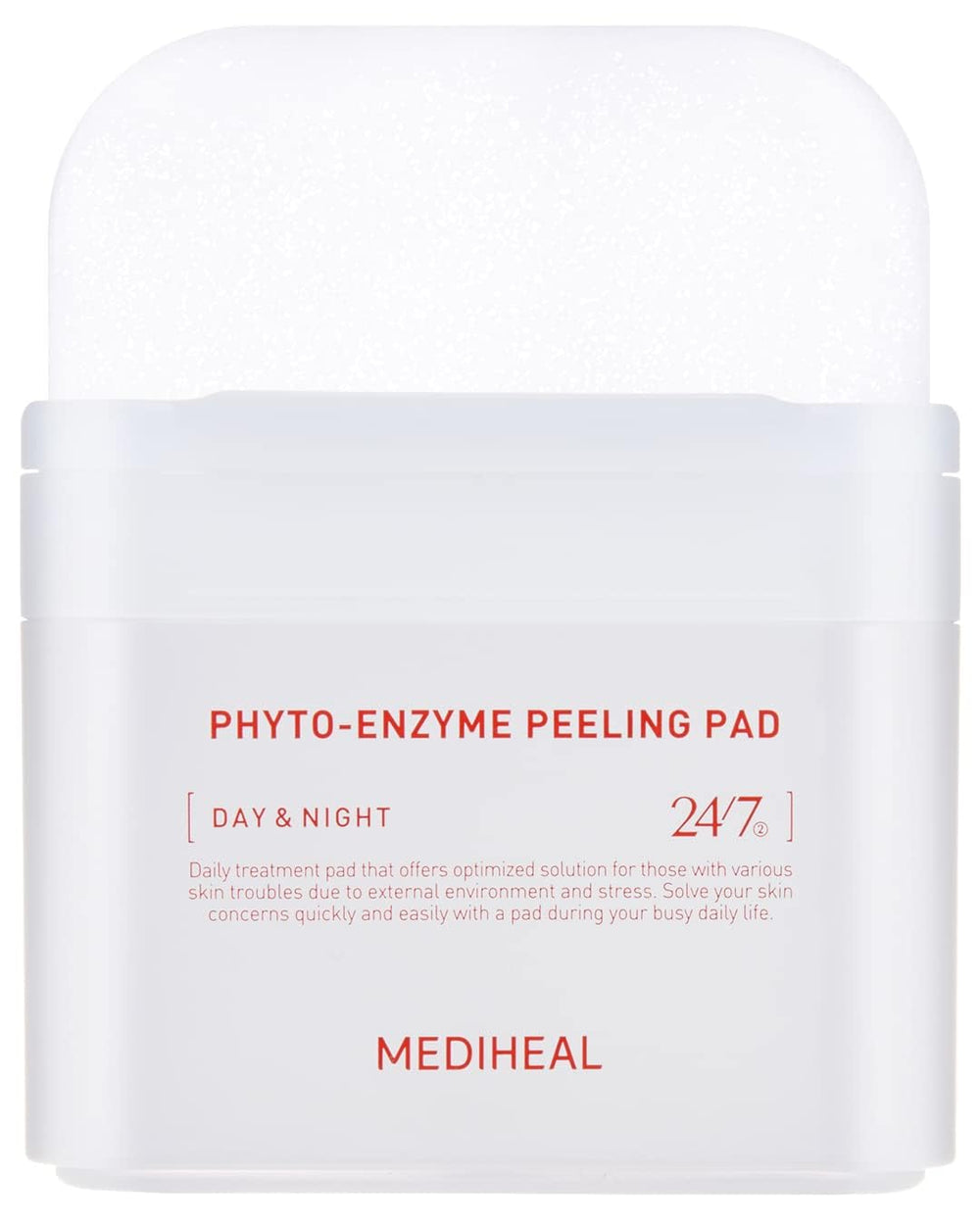 Mediheal Phyto-Enzyme Peeling Pad, packshot, peau plus nette après utilisation.