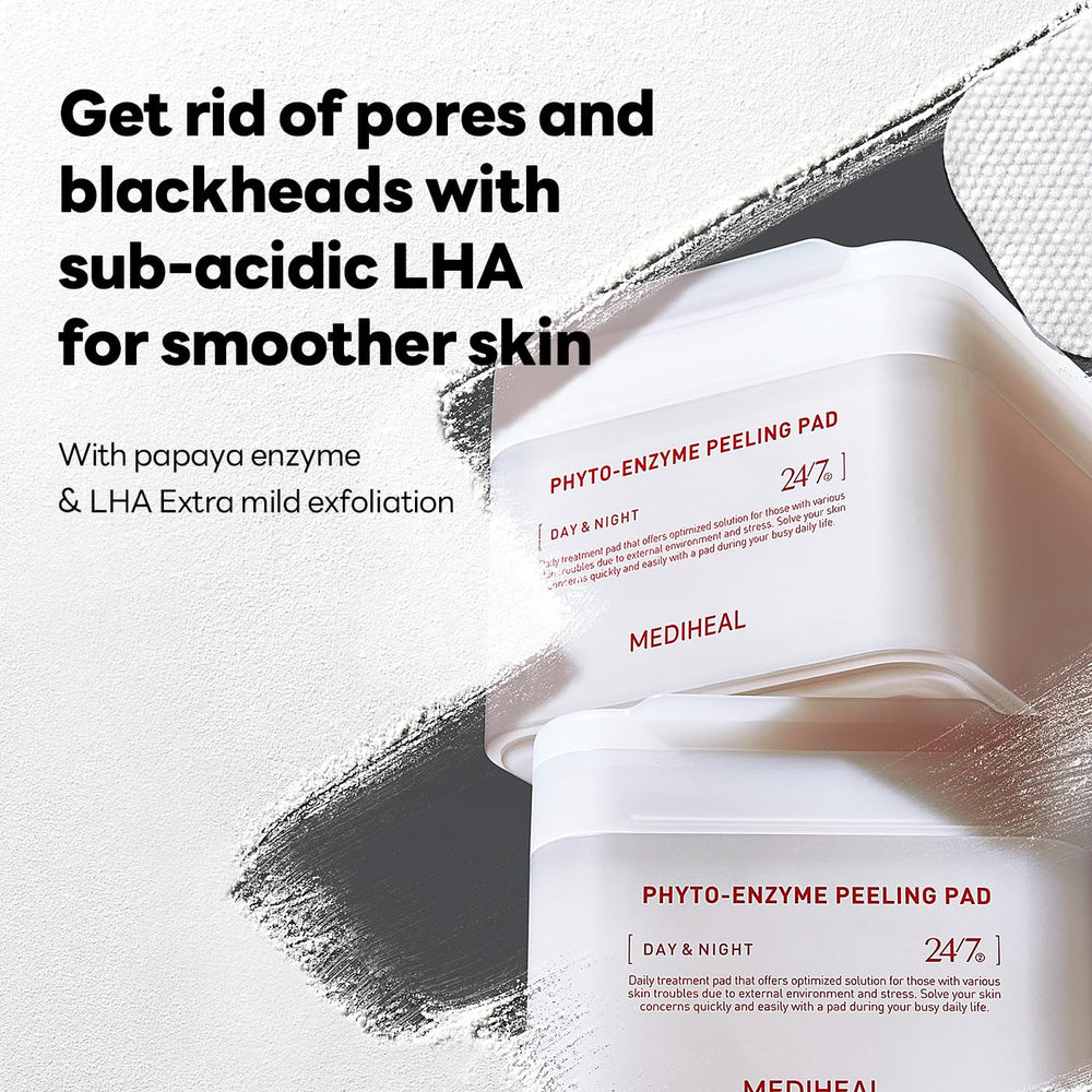 Mediheal Phyto-Enzyme Peeling Pad, tissu fin imprimé, exfoliation douce.