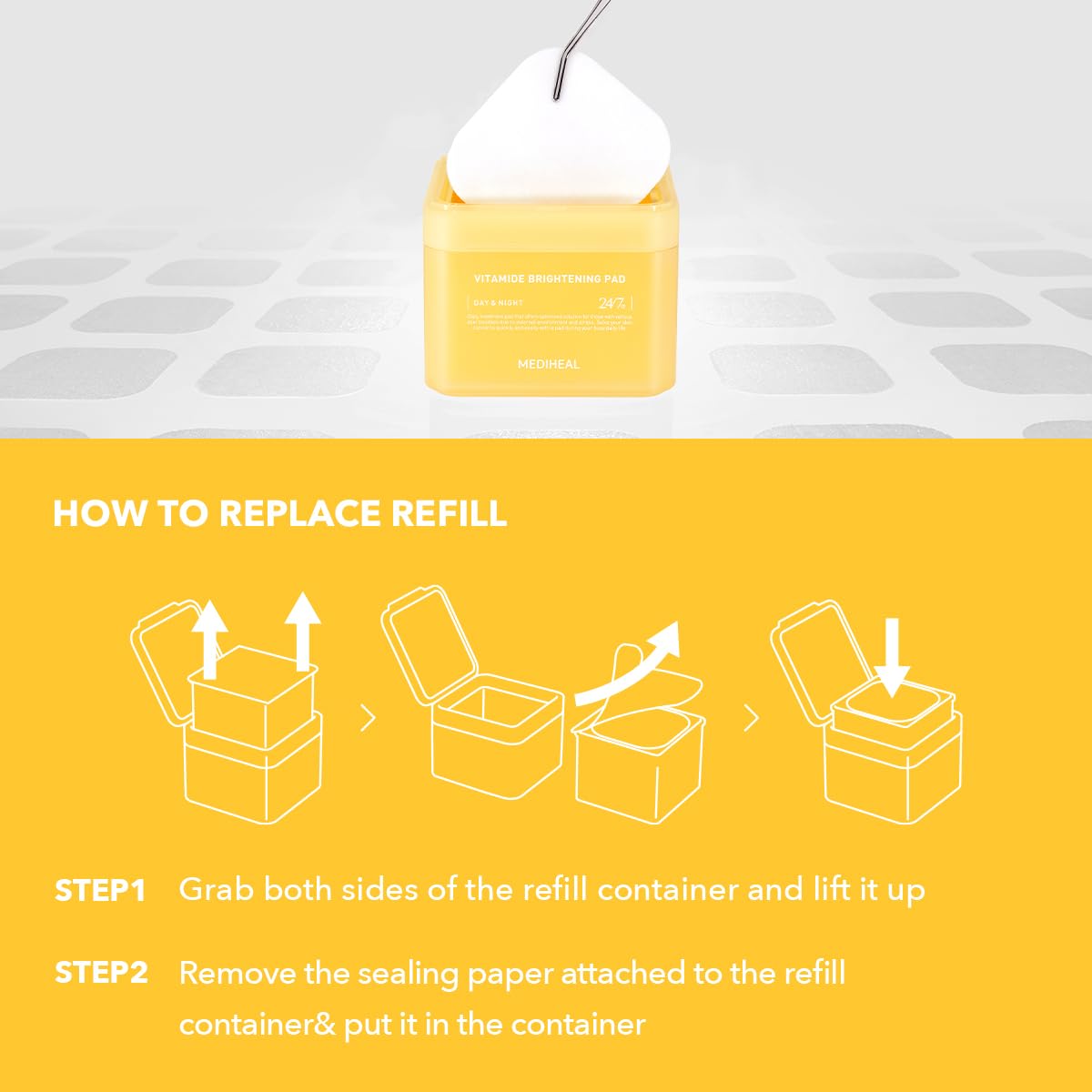 Mediheal Vitamide Brightening Pad Refill — conformité et sécurité avec ingrédients clés.