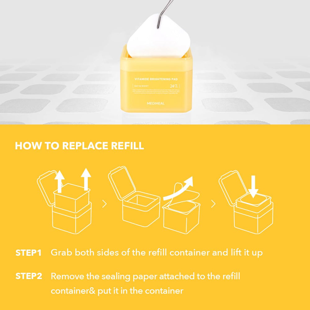 Mediheal Vitamide Brightening Pad Refill — conformité et sécurité avec ingrédients clés.