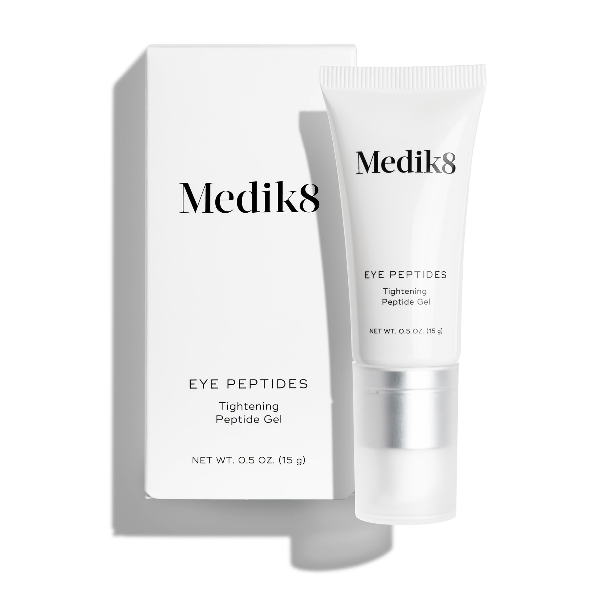 Medik8 Eye Peptides Gel, flacon visible illustrant l'hydratation ciblée du contour des yeux.
