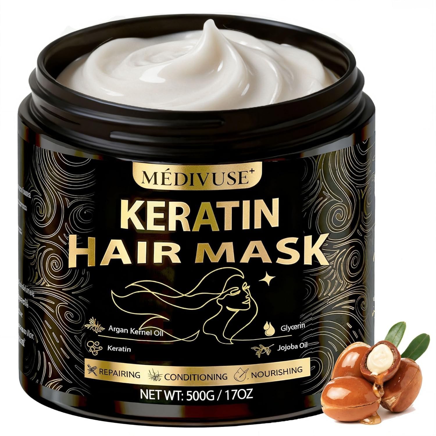 MediVuse Masque Cheveux Keratine Argan 500ml – pot visible, soin en profondeur