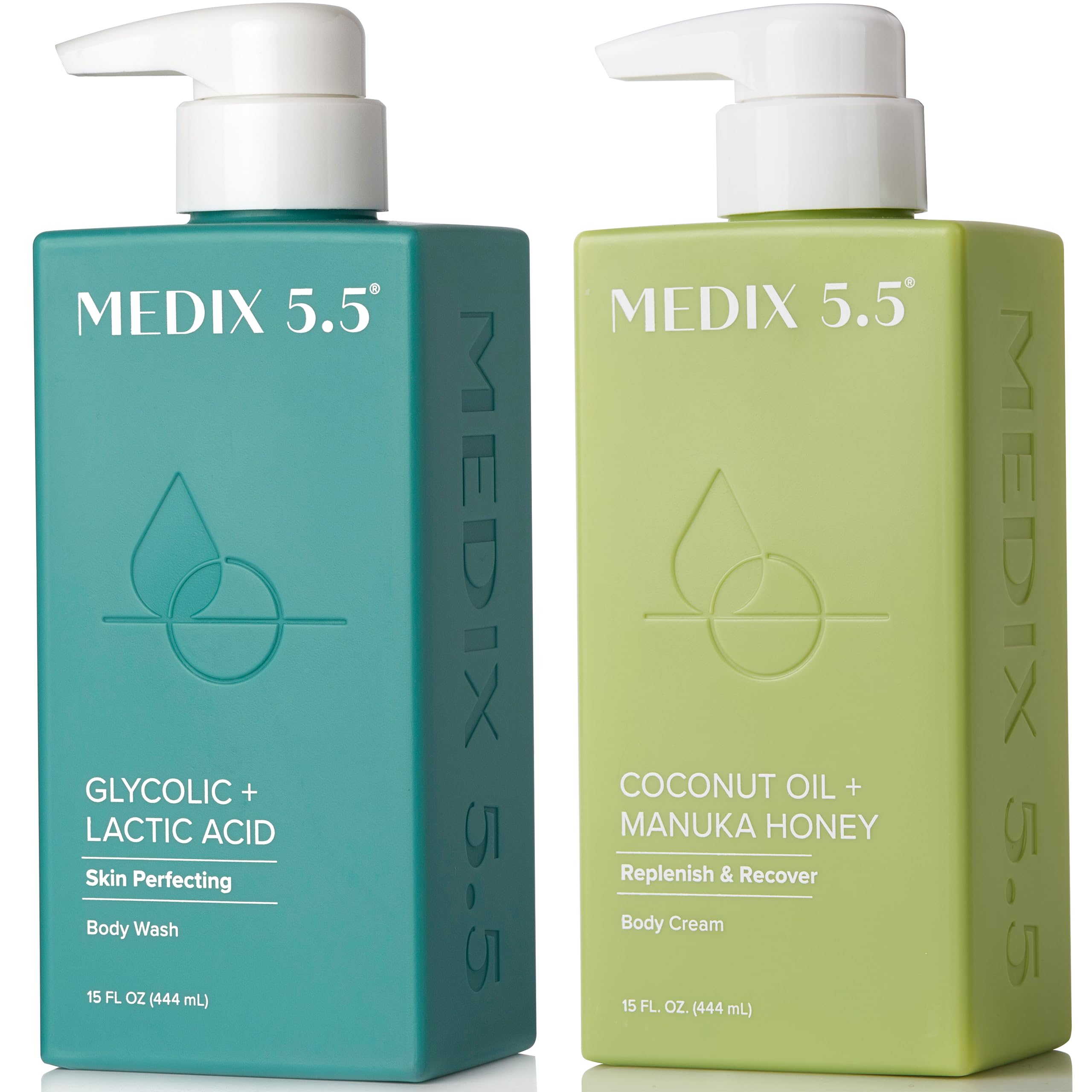 Medix 5.5 bouteille-lavage-exfoliant glycolique pour corps et visage, nettoie et lisse la peau.