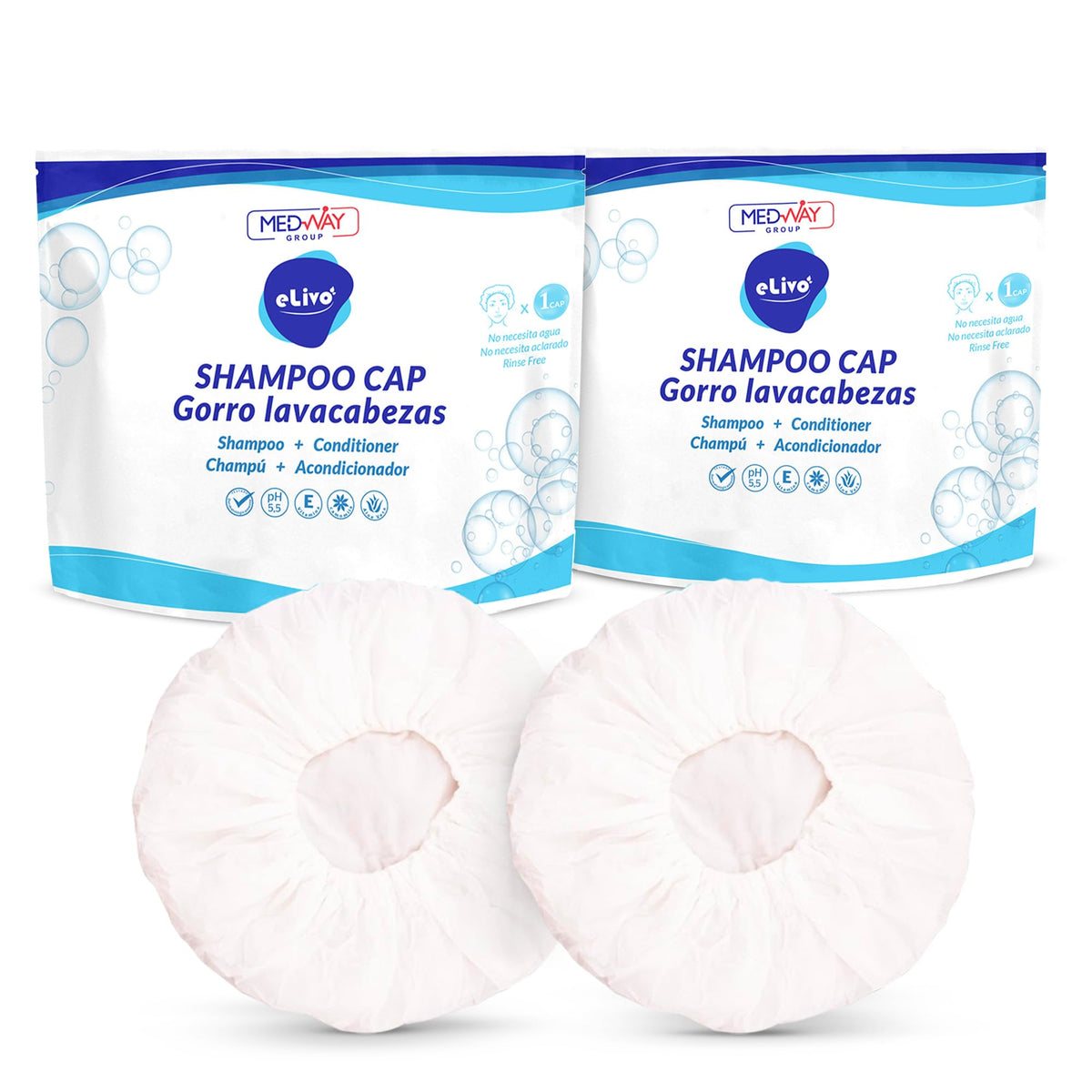 MedVance capuchon shampooing sans rinçage, emballage pratique pour lavage rapide.
