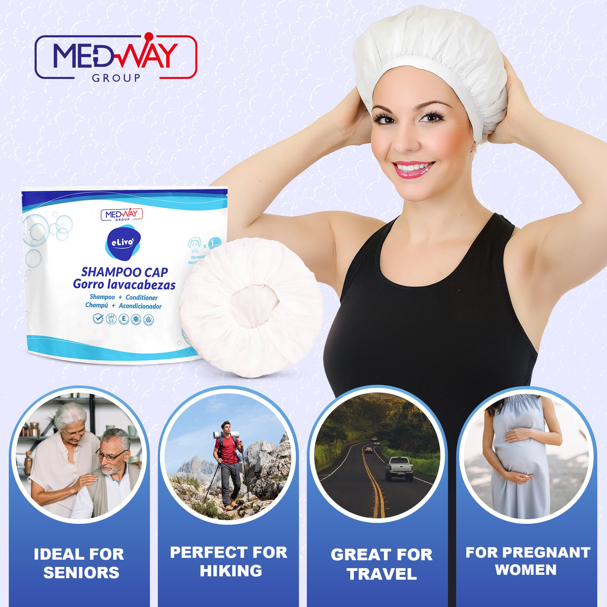 MedVance capuchon shampooing sans rinçage, cap rapide pour voyages et soins mobiles.