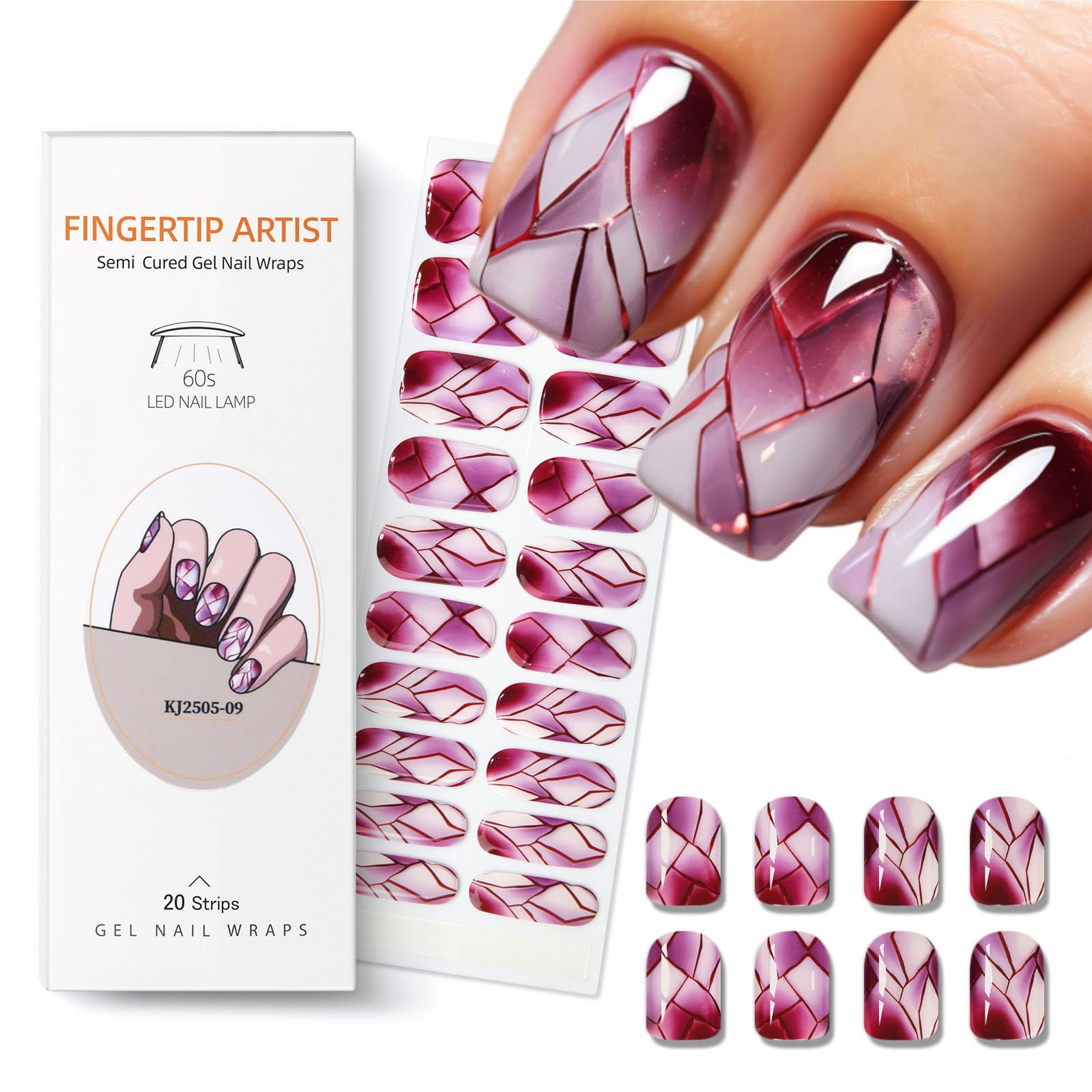 Meemooron motif verre brisé rouge – effet gel brillant durable sur les ongles.