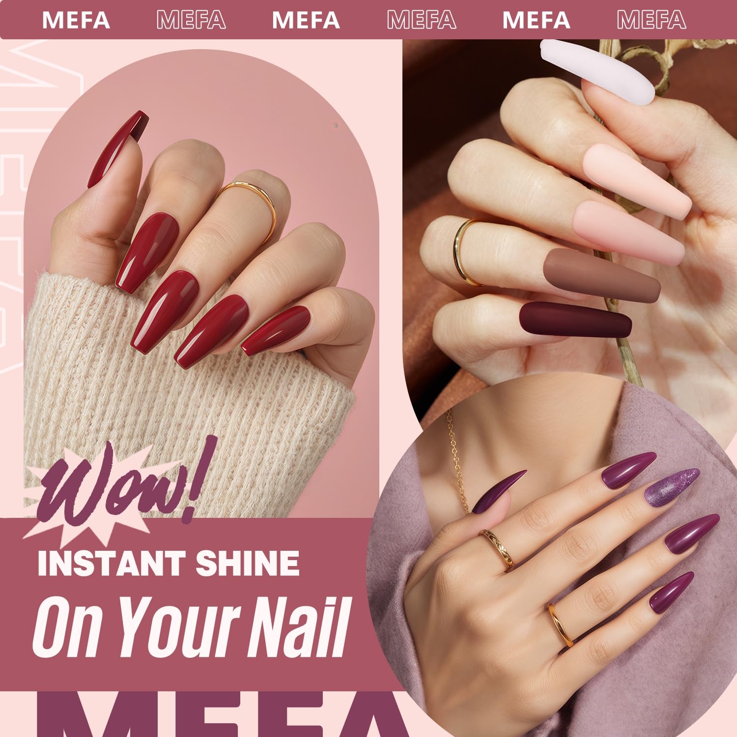 MEFA champagne gold glitter polish adds elegant shimmer to nails.